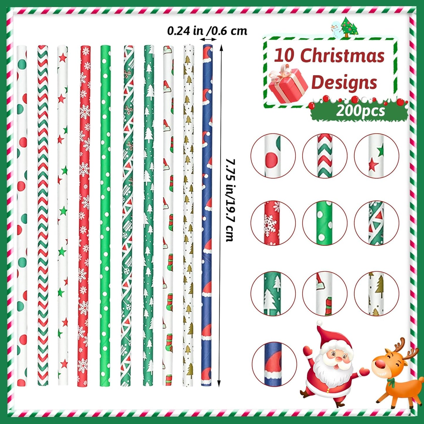 200 Pcs Christmas Paper Straws, 10 Styles Biodegradable Colorful Disposable Drinking Christmas Straws for Christmas Party Supplies, Desserts, Thanksgiving, New Year and Holiday Party Decorations