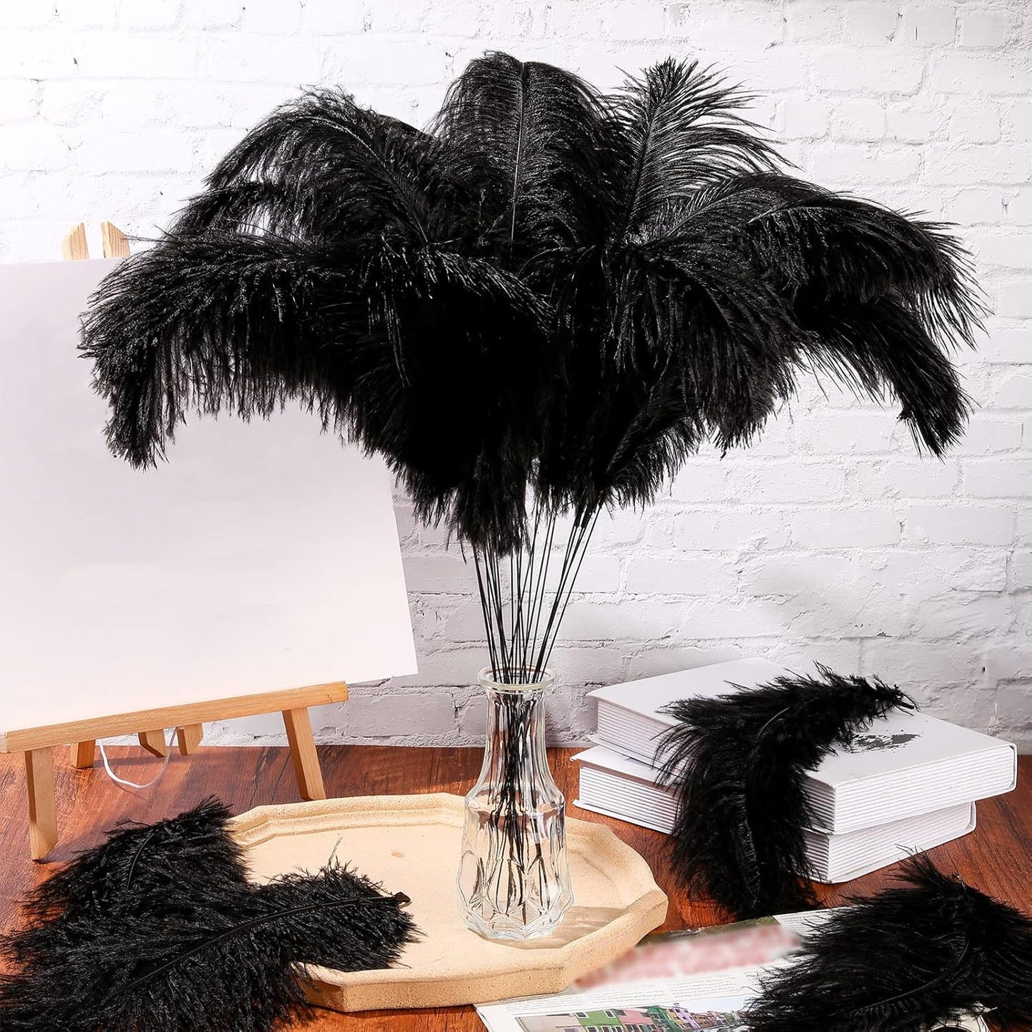 Hanaive 150 Pcs Ostrich Feathers Set Bulk Plumes 12-14 Inch (30-35cm) 70 Pcs Large Ostrich Feathers with 80 Sticks and Tape for DIY Crafts Wedding Home Party Centerpiece Decorations(Black)