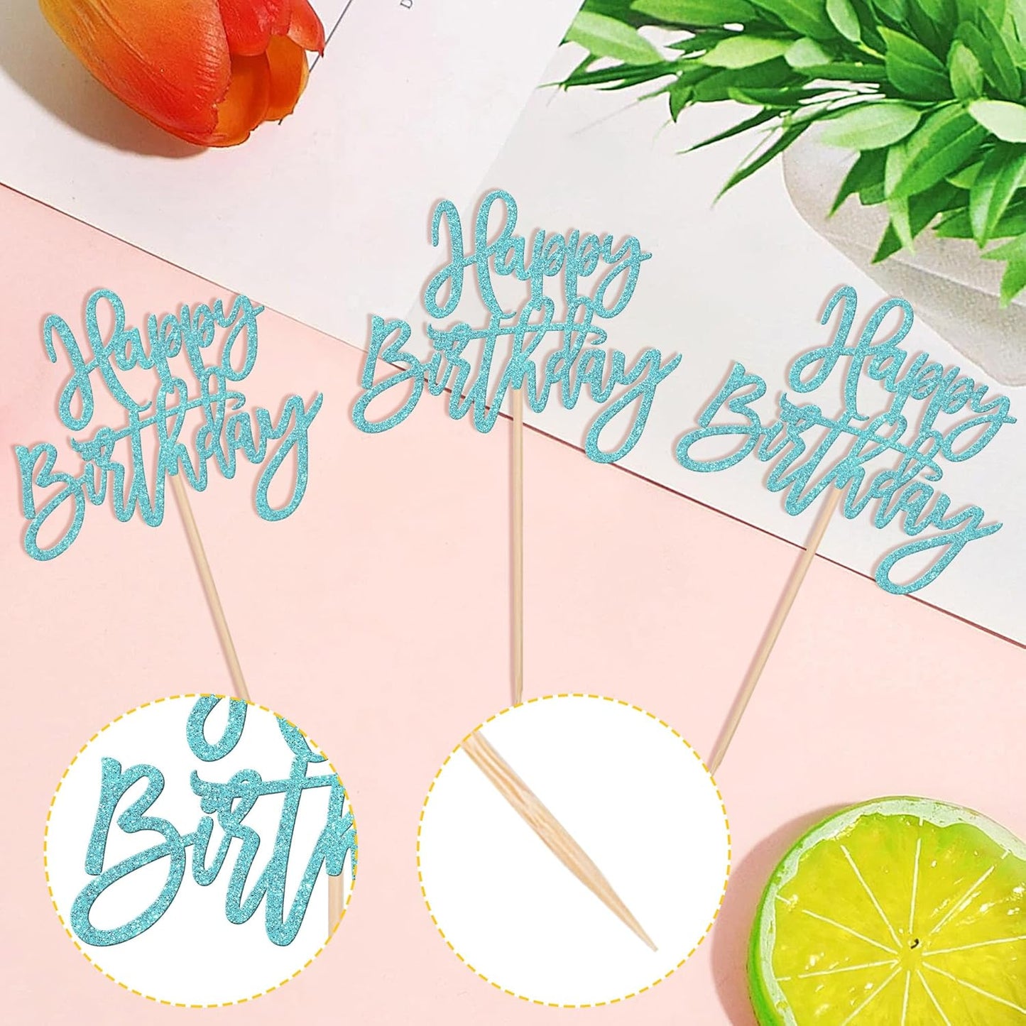 24 PCS Happy Birthday Cupcake Toppers Glitter Picks for Celebrating Anniversary Theme Party Cake Decorations Supplies Light Blue