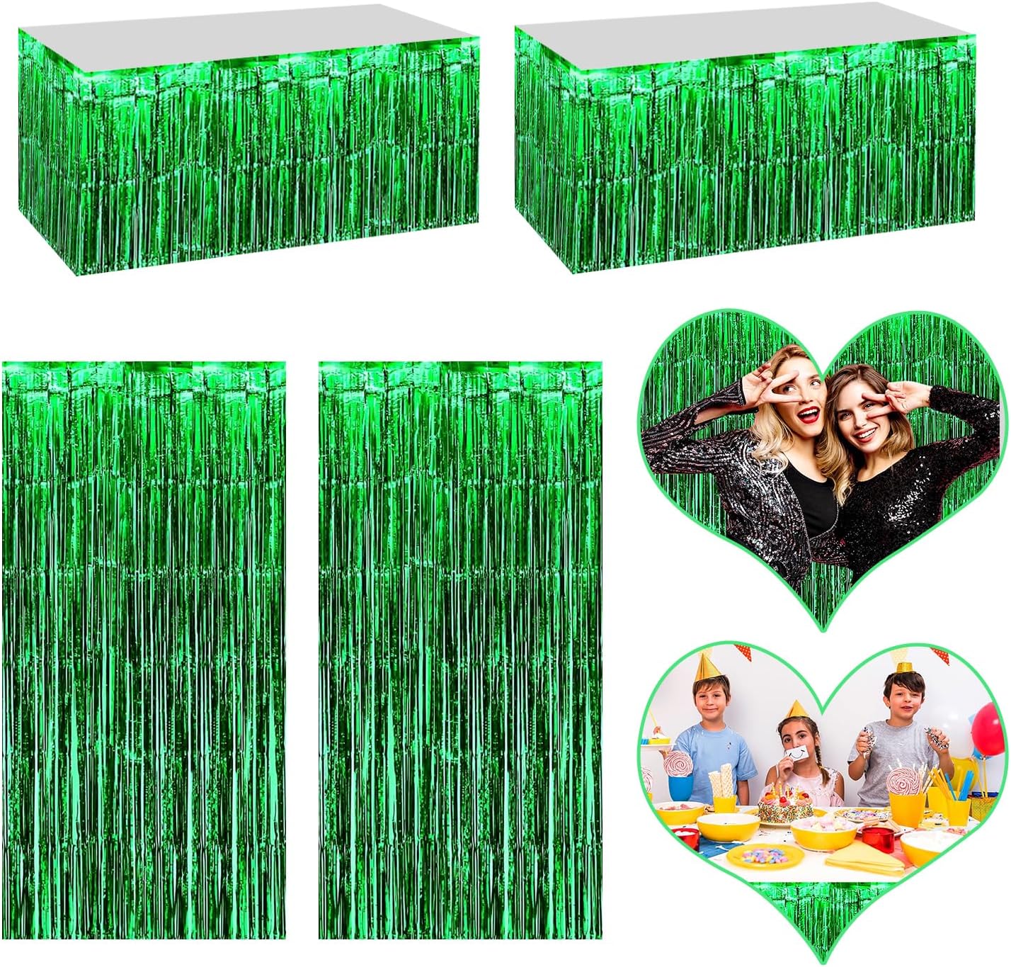 4P Metallic Foil Fringe Tinsel Table Skirts for Rectangle Tables Backdrop Banner Tinsel Streamer Garland Curtains for Parade Floats Wedding Graduation Anniversary Birthday Parties Decoration (Green)