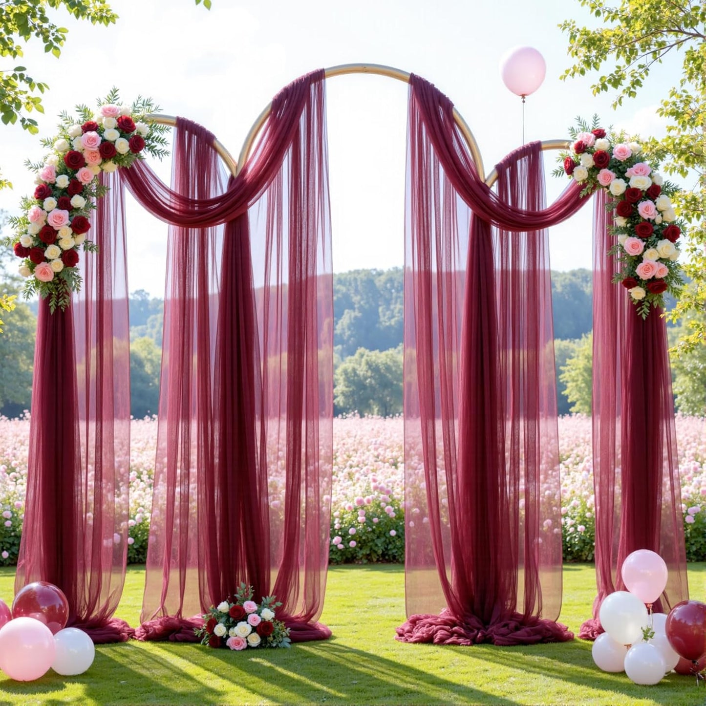 Wedding Arch Draping Fabric Backdrop 2 Panel 60" x 26Ft Burgundy Drapes Curtains for Wedding Reception Sheer Tulle Backdrop Curtain for Ceremony Birthday Party Baby Shower Arbor Ceiling Decorations