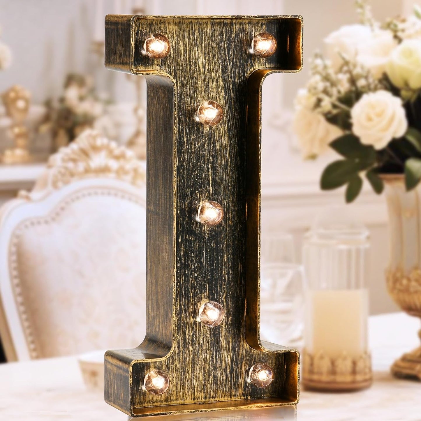 OYCBUZO Golden Black Led Marquee Letter - Industrial, Vintage Style Light Up Alphabet Letter Sign for Cafe Wedding Birthday Party Christmas Lamp Home Bar Initials Decor - I