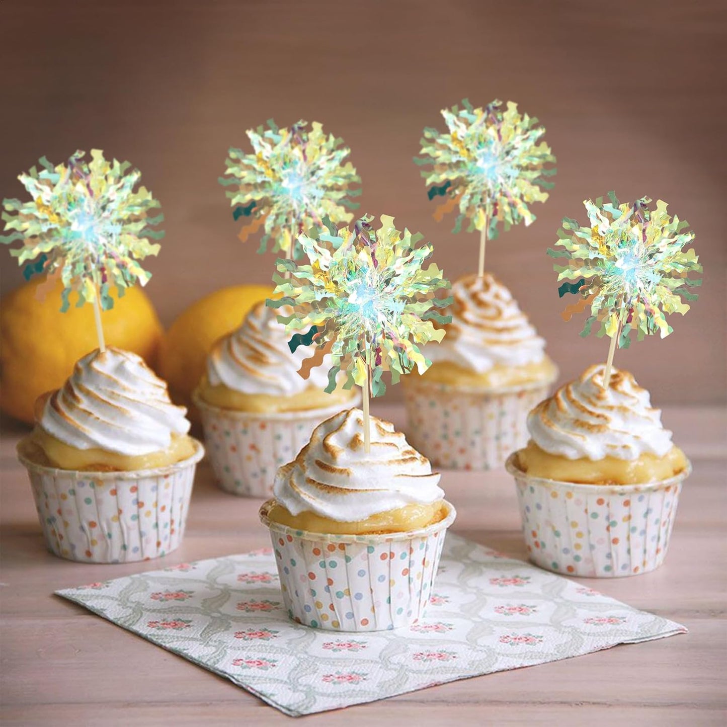 Ephlyn 30Pcs Foil Firework Cupcake Toppers Sparkle Tinsel Cupcake Picks Firework Cake Decorations Cocktail Food Fruit Toothpicks for Baby Shower Graduation Party Supplies White