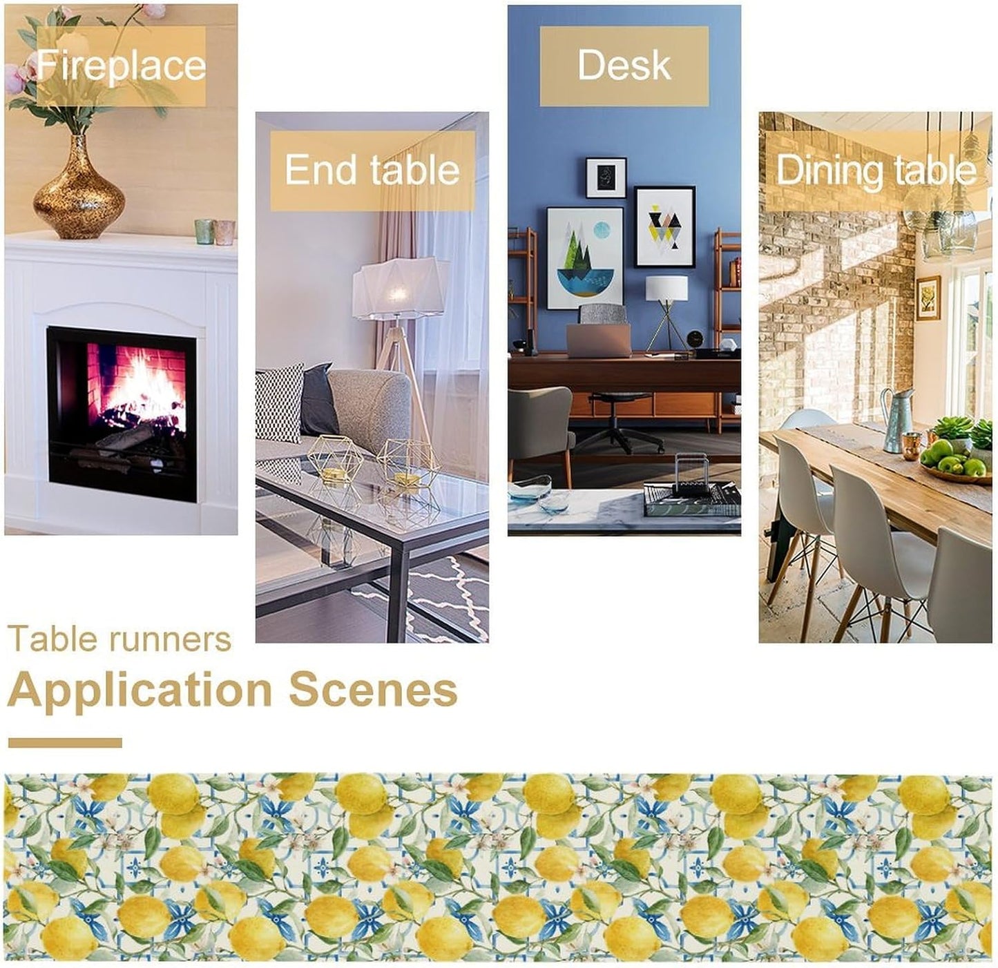 Lemon Table Runner,Watercolor Fruit Green Leaves Spring Summer Table Cloth Kitchen Dining Table Home Party Decoration 13x120 Inch