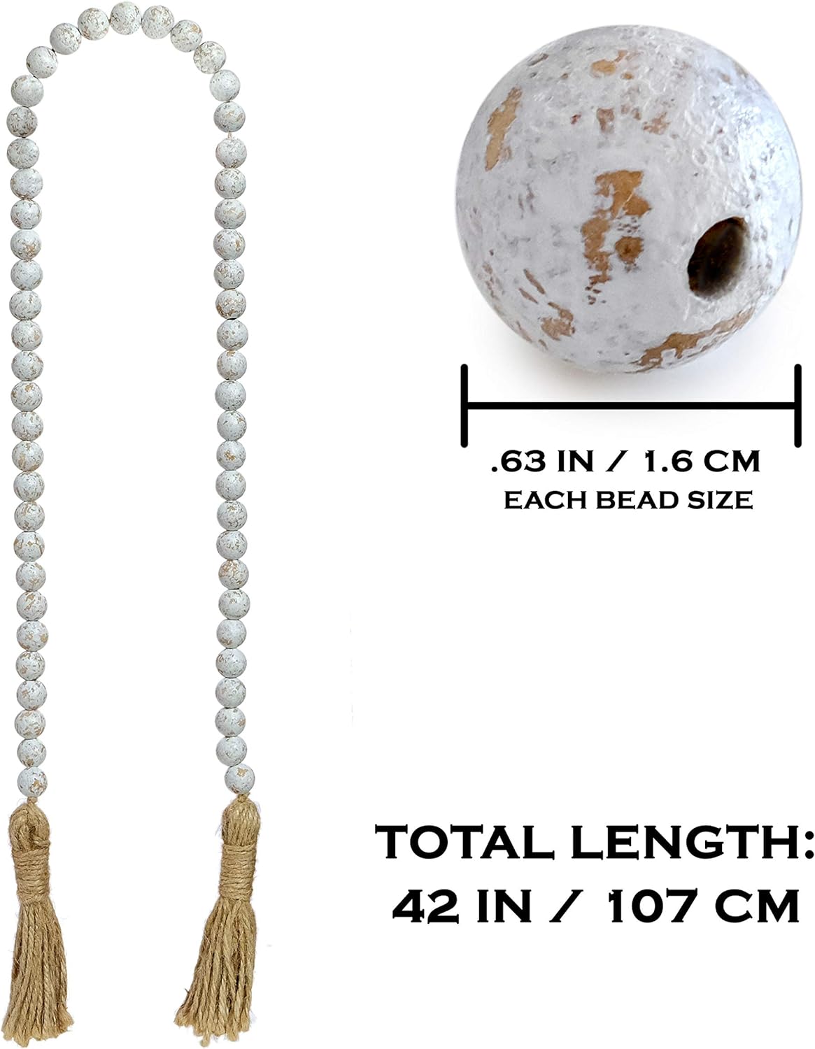 Farmhouse Wood Bead Garland Home Decor, Natural Wooden Garland for Tiered Tray, Decorative Tassel for Tier Tray, Rustic Beads Centerpiece Boho Table Decor, Beaded Accent White Washed