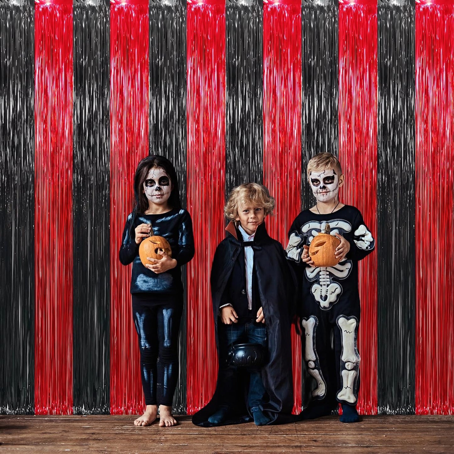 GOER 3.2 ft x8.2 ft Metallic Tinsel Foil Fringe Curtains Party Photo Backdrop Party Streamers for Birthday,Graduation,New Year Eve Decorations Wedding Decor (4 Pcs,Black&Red)