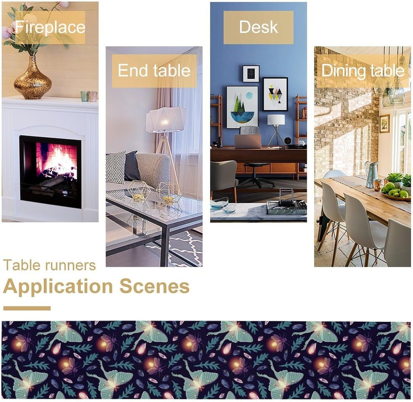 Moth Table Runner, Retro Boho Aesthetic Blue Moth Magic Table Runner for Home Kitchen Dining Party Indoor Outdoor Decoration 13x120 Inch