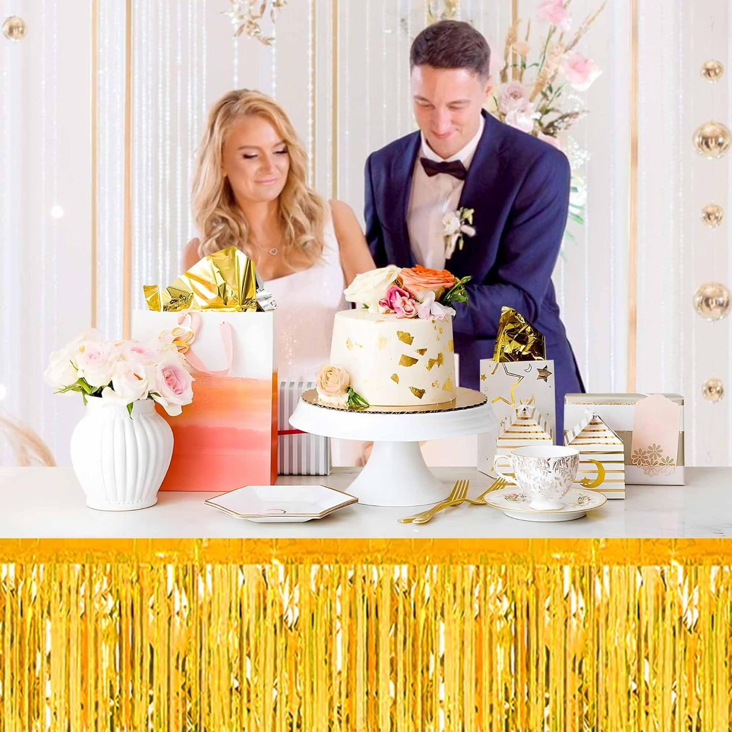 3 Pack 29 x108 Inch Gold Foil Fringe Table Skirts Metallic Banner for Tinsel Streamer Garland Backdrop for Parade Floats Mother's Day, Graduate, Birthday, Wedding Party Decoration