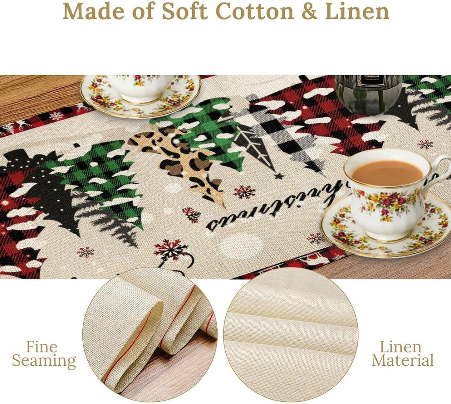 Christmas Tree Table Runner,Farmhouse Xmas Trees Buffalo Plaid Winter Snowflake Tablecloth Burlap for Hotel Indoors Outdoor Dining Room Kitchen Home Decor,W13X L80 in