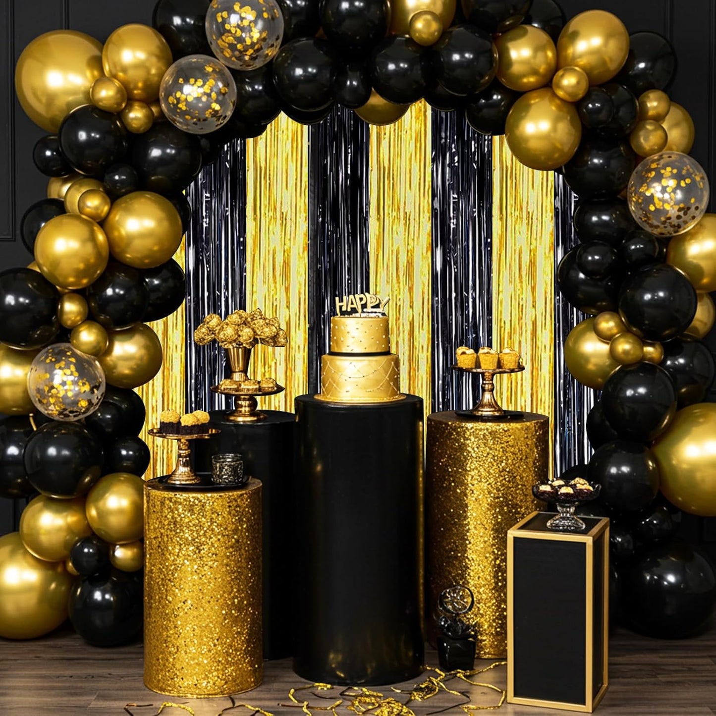 BEISHIDA 2Pcs Black Gold Door Streamers Congrats Grade 2025 Decoration Backdrop Foil Fringe Tinsel Party Streamers Curtains Backdrops Birthday Graduation New Year Party Decoations(3.28 ft x 6.56 ft)