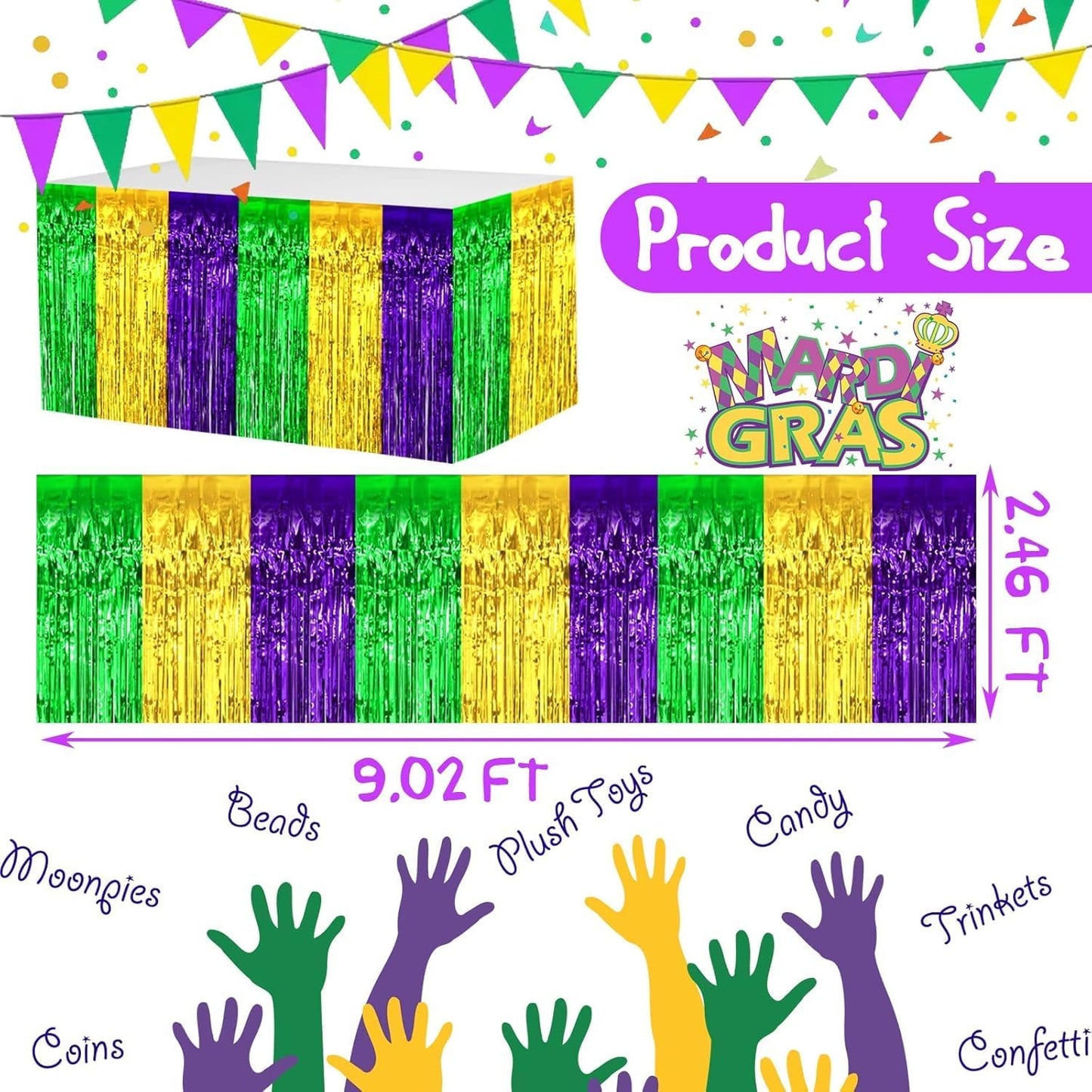 4 Pack 29x108 Inch Mardi Gras Metallic Foil Fringe Tinsel Table Skirts for Rectangle Tables Streamer for Christmas, Birthday, Parade Floats, Halloween Party Supplies(Gold Green Purple)