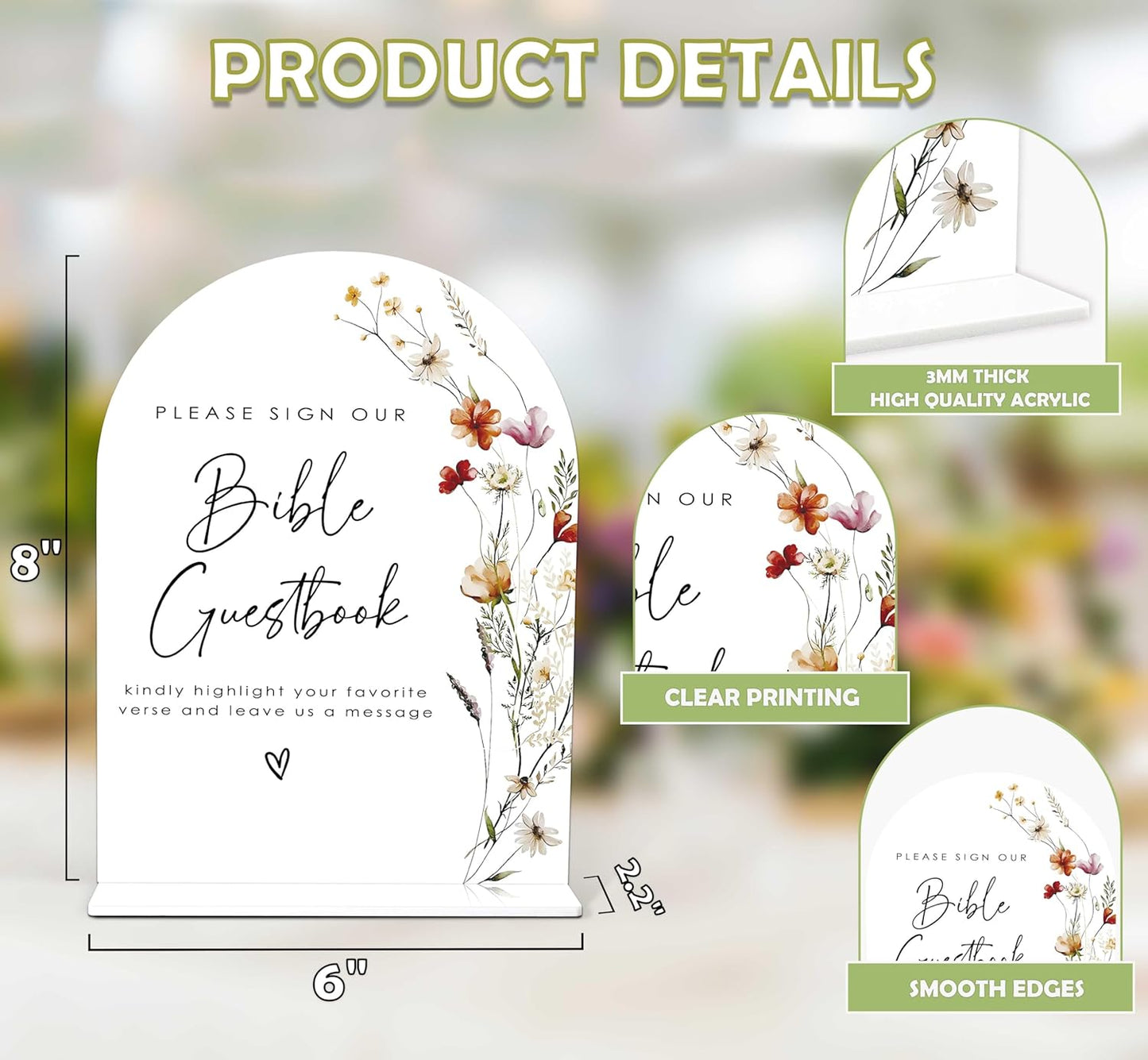Boho Floral Bible Guest Book Sign, 6 x 8 Inch White Arch Acrylic Wedding Sign with Holder, Wedding Sign for Ceremony and Reception, Wedding Decoration, Wedding Supplies - BX28