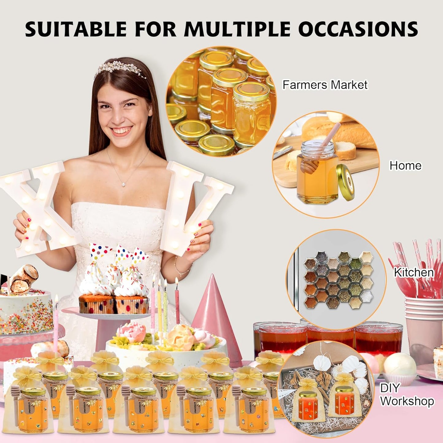 35 Pack 4 oz Mini Hexagon Glass Honey Jars with Dippers, Gold Lids, Bee Stickers, Bee Charms, Gift Bags & Jute– Empty Small Honey Jars for Party Favors Bulk, Ideal for Baby Showers ＆ Weddings