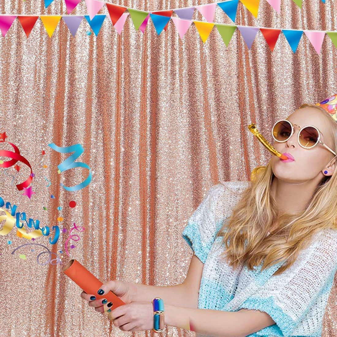 Poise3EHome 7FT x 7FT Rose Gold Sequin Photography Backdrop Curtain for Party Decoration, Rose Gold