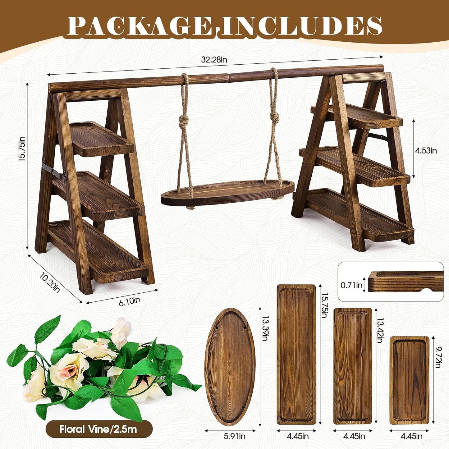 Wooden Cupcake Stand,3 Tier Cake Stands Party Food Display Serving Platter Tray Ladder Stand with Swing and Flower Decor,Rustic Dessert Table Display Set for Cake Fruit Donut Snack Cookie