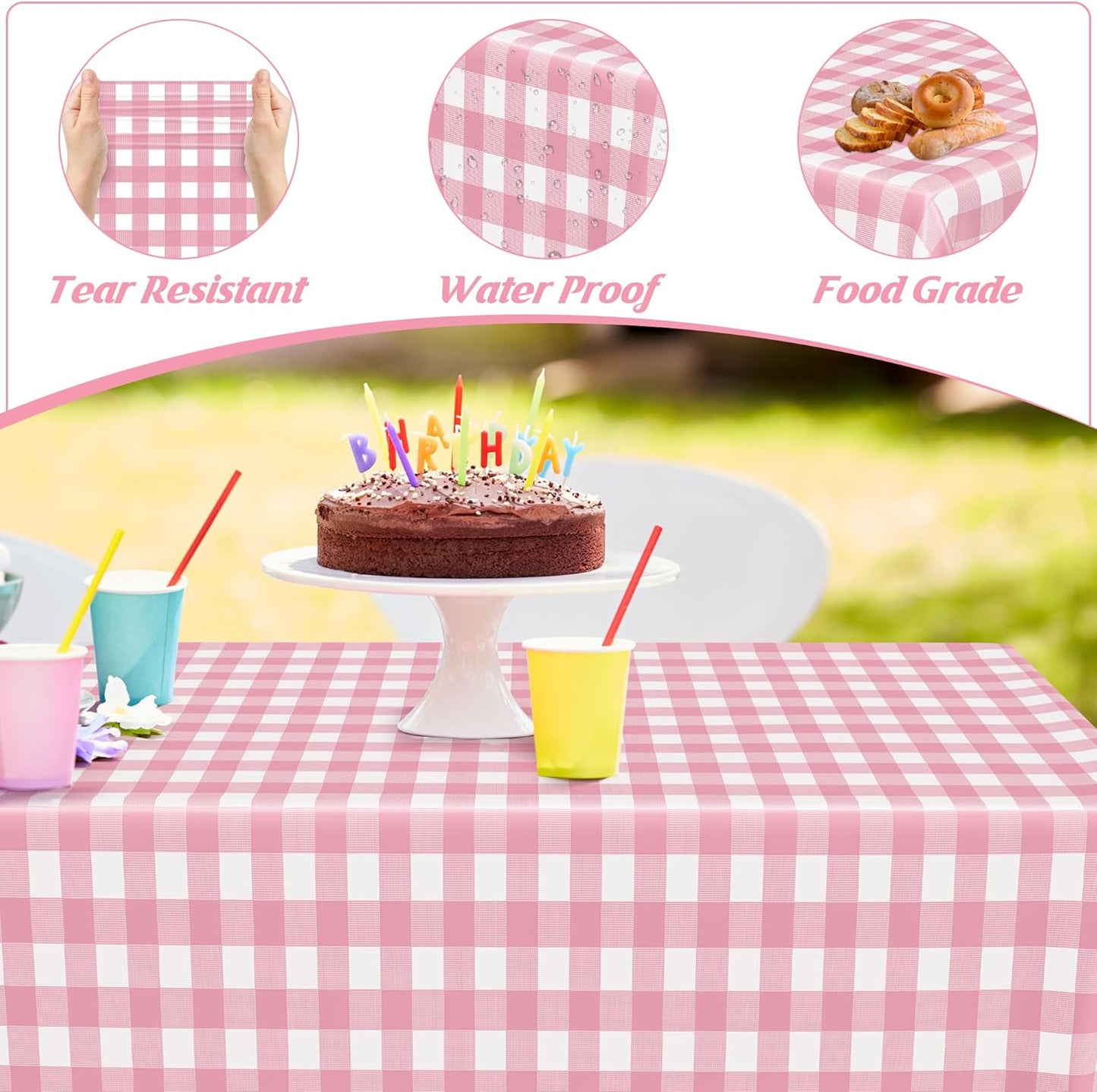 12Pack Table Cloth Rectangle Table, 54" x 108" Plastic Table Cloth Disposable, Waterproof Pink and White Checkered Table Cover for Outdoor Picnic Birthday Party Supplies Gathering BBQ Holiday Dinner