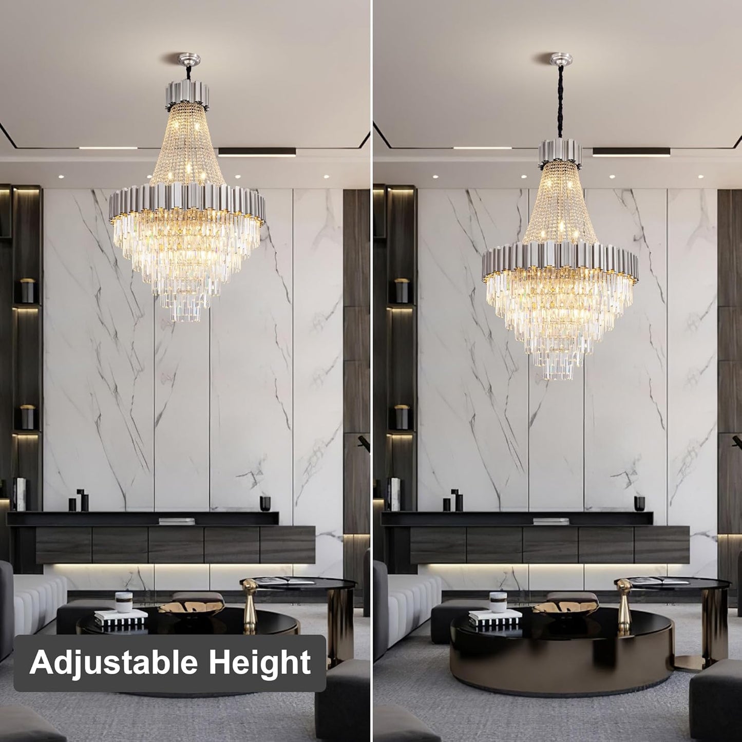 54" Luxury Long Crystal Chandelier for High Ceilings, 21-Light Modern Silver Large Chandeliers for Staircase, Foyer, Entryway, Living Room, Hallway, Contemporary K9 Crystal Tiered Chandelier