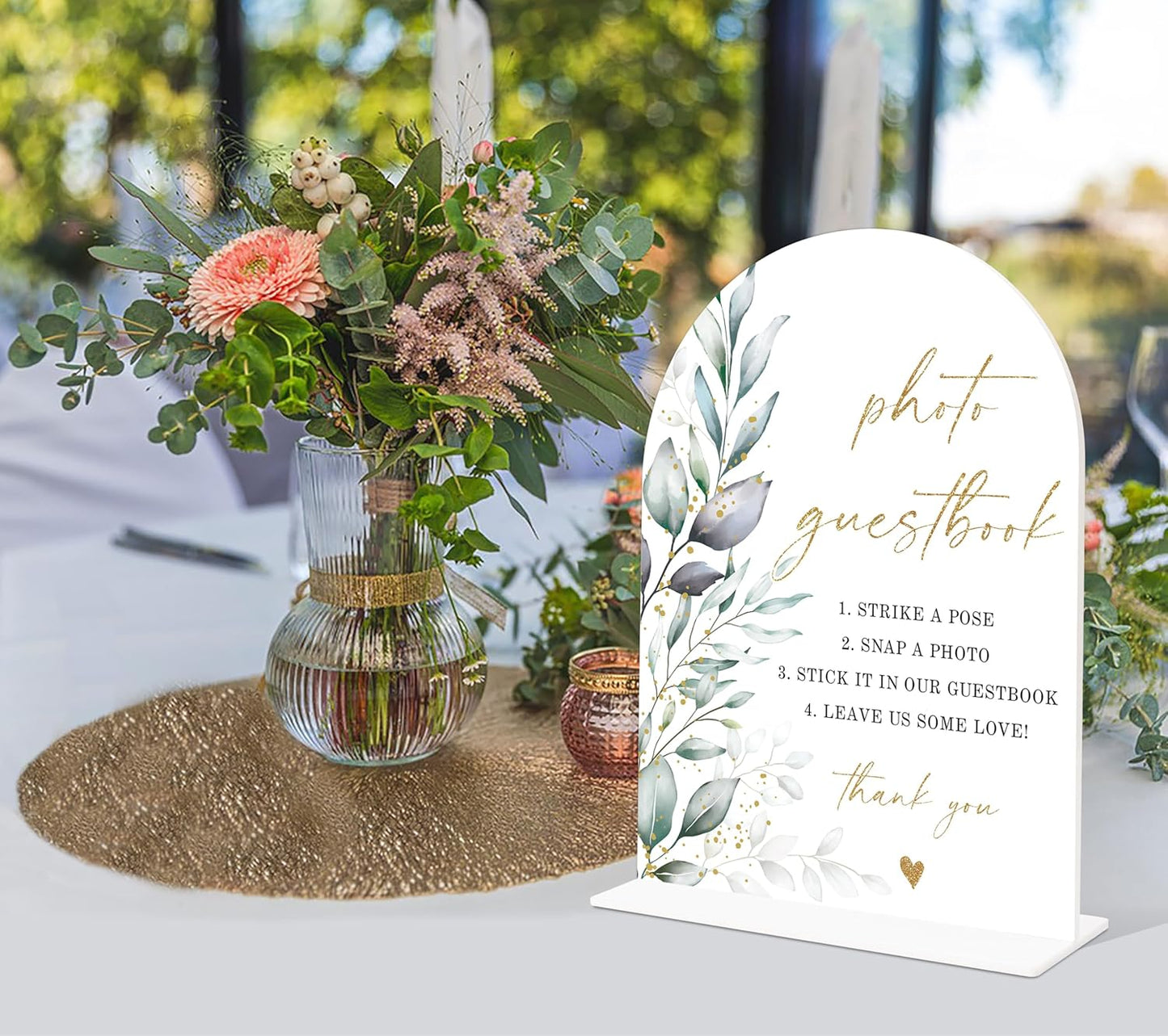 Acrylic Wedding Signs, Greenery Theme Photo Guestbook Sign, Wedding Reception Signage, Bridal Shower Table Decor with Stand, Engagement, Anniversary, Newlywed Events and Parties Supplies, 12