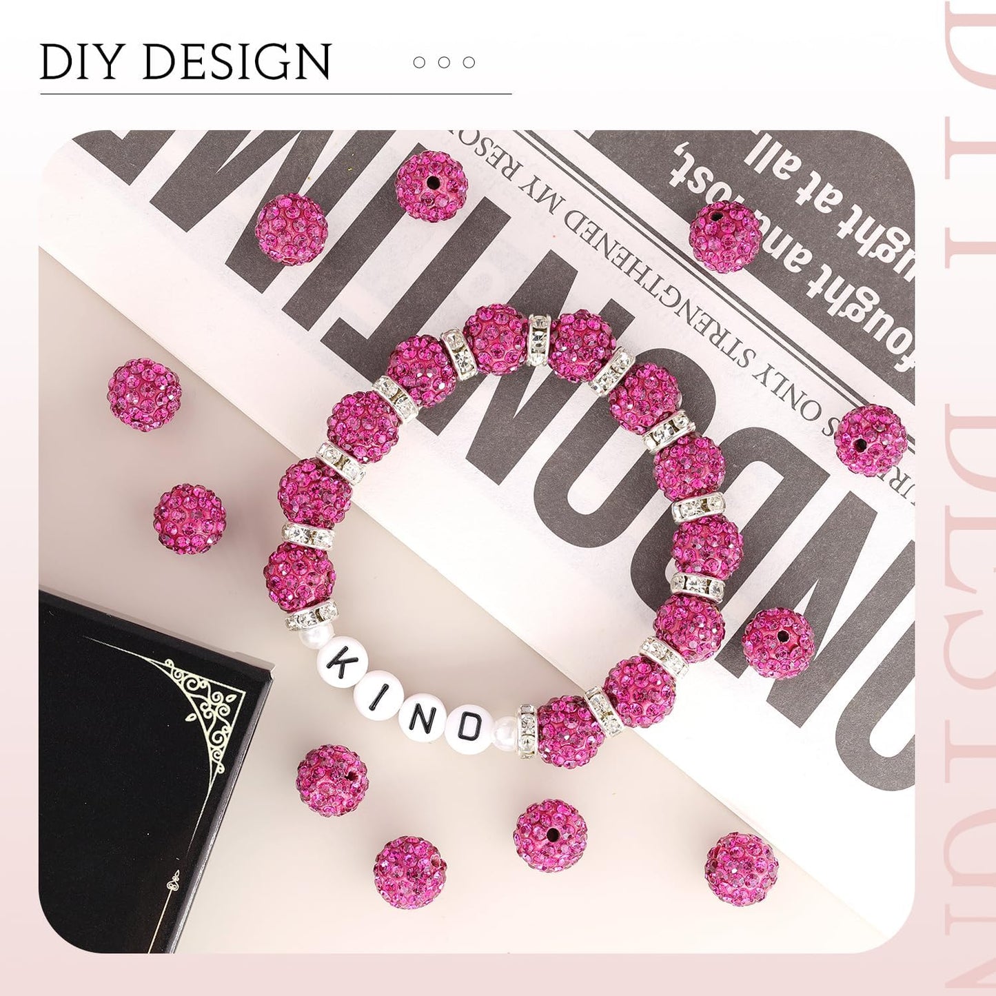 100 pcs 10mm Rhinestone Beads for Jewelry Making, Fuchsia Shiny Round Shamballa Disco Beads Bulk, Sparkle Crystal Clay Christmas for Bracelet Baseball Necklace Earring Crafting and DIY