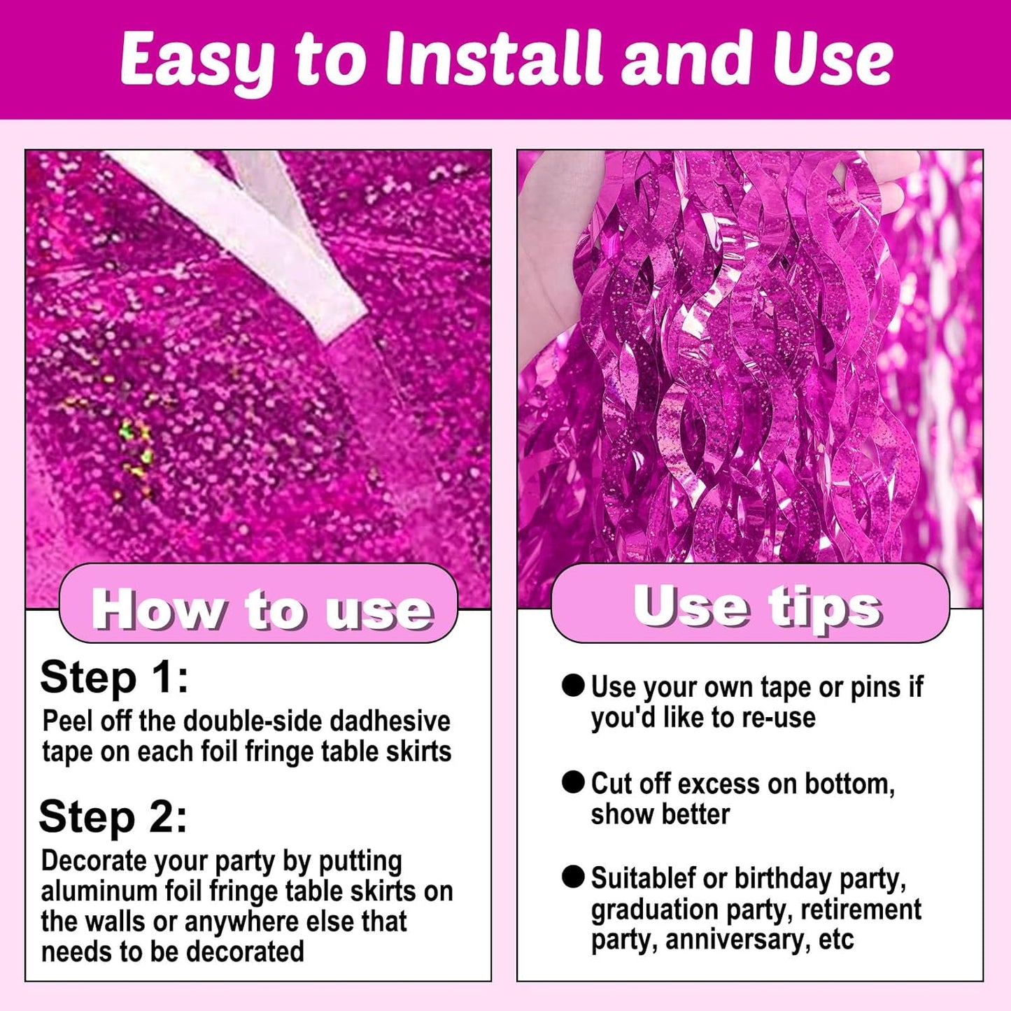 6 Pack 29x108 Inch Rose Red Wave Foil Fringe Table Skirts Metallic Banner for Tinsel Streamer Garland Backdrop for Parade Floats Mother's, Graduate, Mardi Gras, Birthday, Wedding Party Decorations