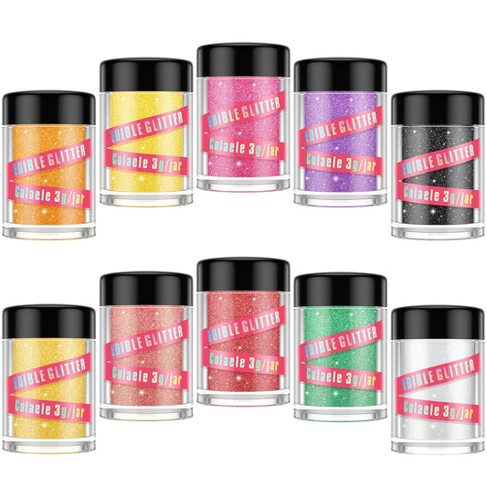 Edible Glitter for Cakes Drinks Luster Dust Set - Colaele 10 Colors Shimmering Disco Glitter Food Grade Metallic Food Coloring Powder Sprinkling for Strawberries, Chocolates, Fondant, Pops, Vegan