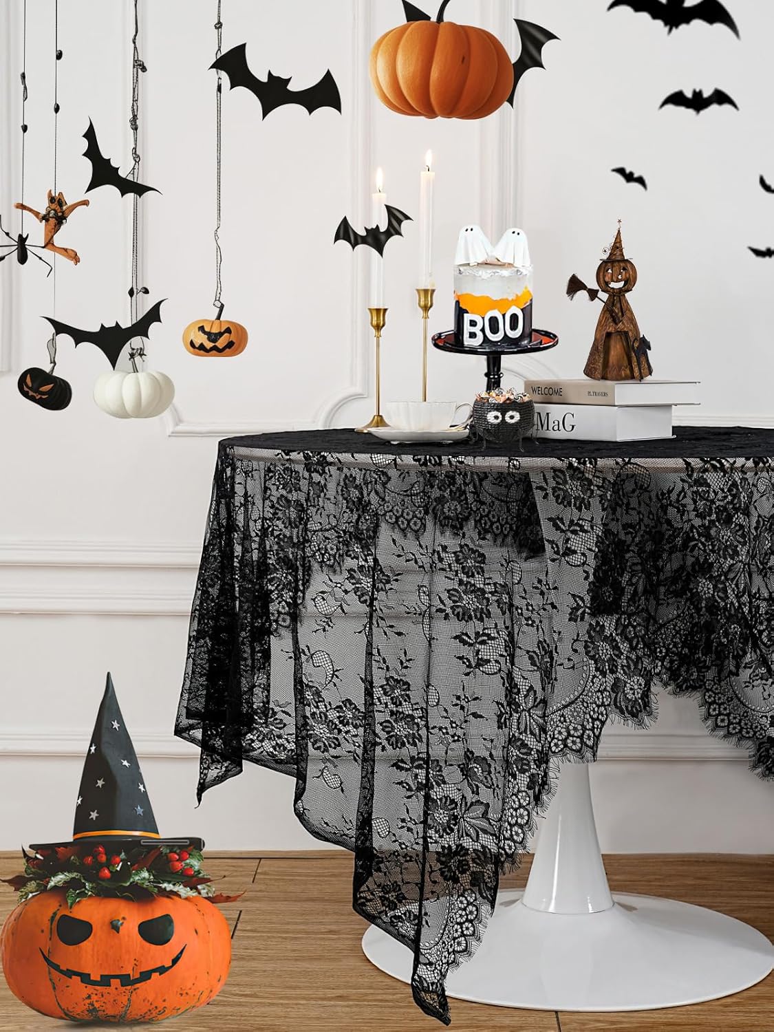 Black Lace Tablecloth Halloween Table Fabric 60x120 Inch for Scary Movies Rustic Wedding Bridal Shower Party Decoration Rectangle Overlay Long Vintage Embroidered Reception Table Cloth Decor