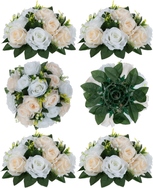 Flower Balls Wedding Rose Centerpieces: 6 Pcs Fake Flowers with Base Kissing Balls Decor Champagne &White Artificial Floral Arrangements Flower Bouquet of Roses Home Party Table DIY Decorations