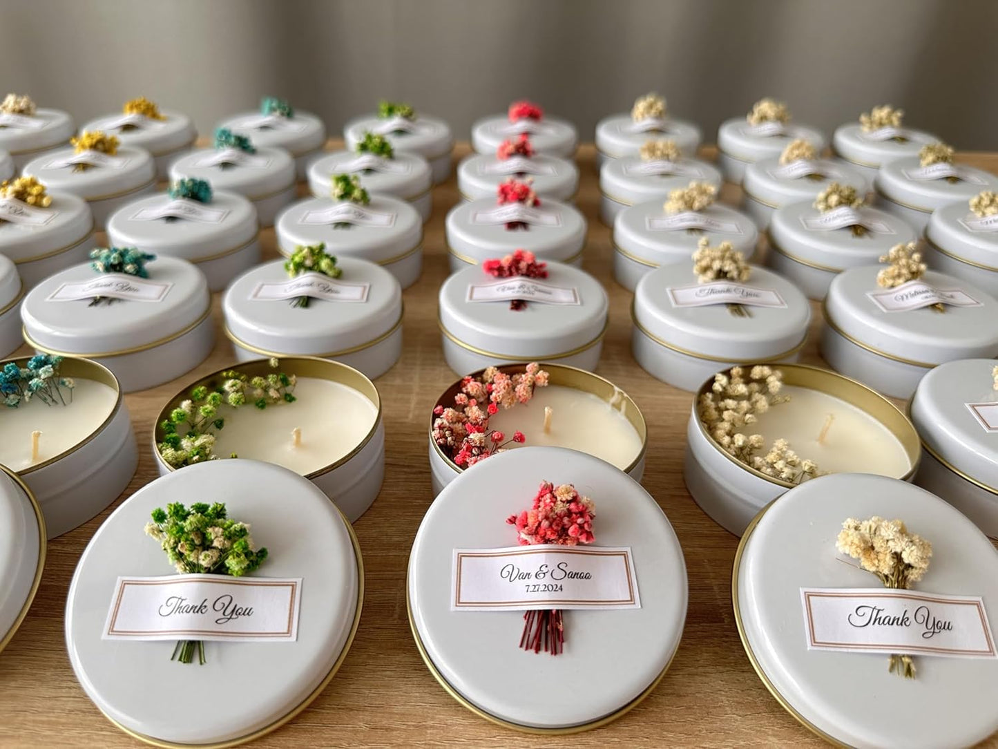 Scented Soy Wax Candle Favors with Dried Flowers - Personalized for Weddings, Bridal Showers, Baby Showers, Birthdays (10-20-30-40-50-100 PCS in Bulk)