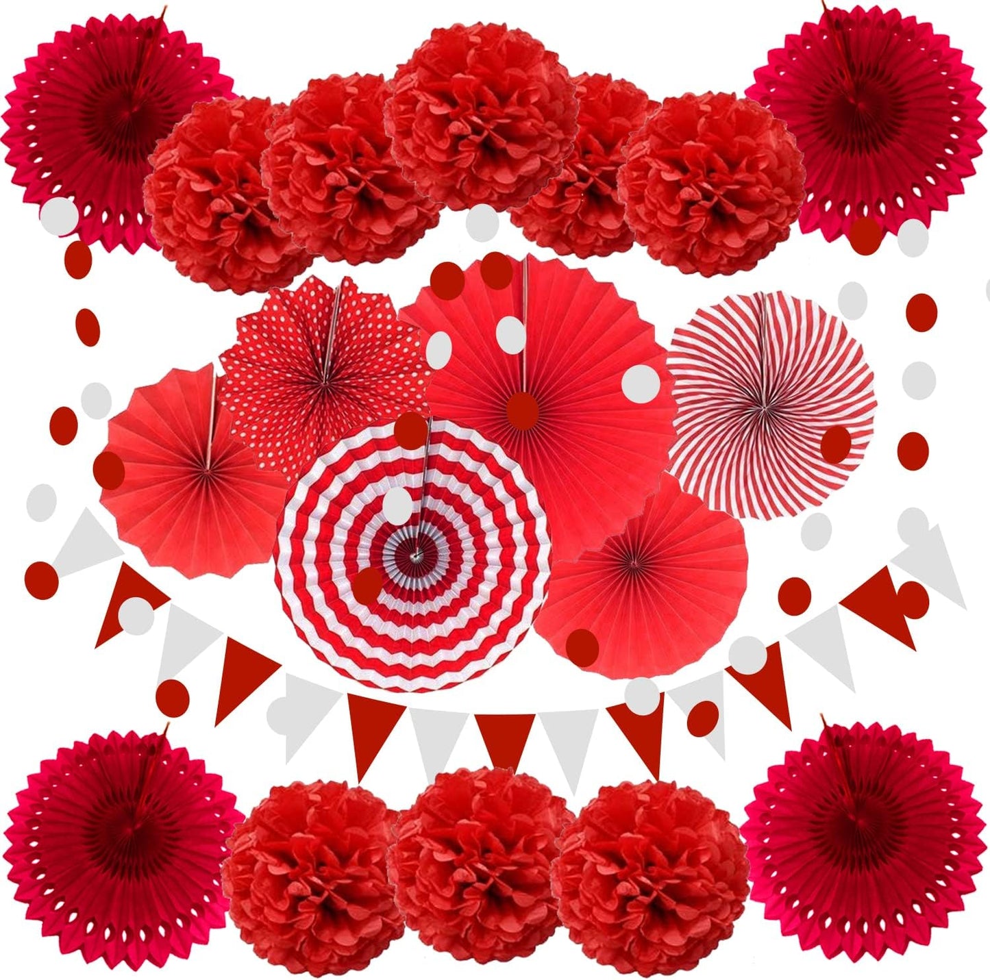 ZERODECO Party Decoration, 21 Pcs Red Hanging Paper Fans Pom Poms Flowers, Garlands String and Triangle Bunting Flags for Birthday Parties Baby Showers Wedding