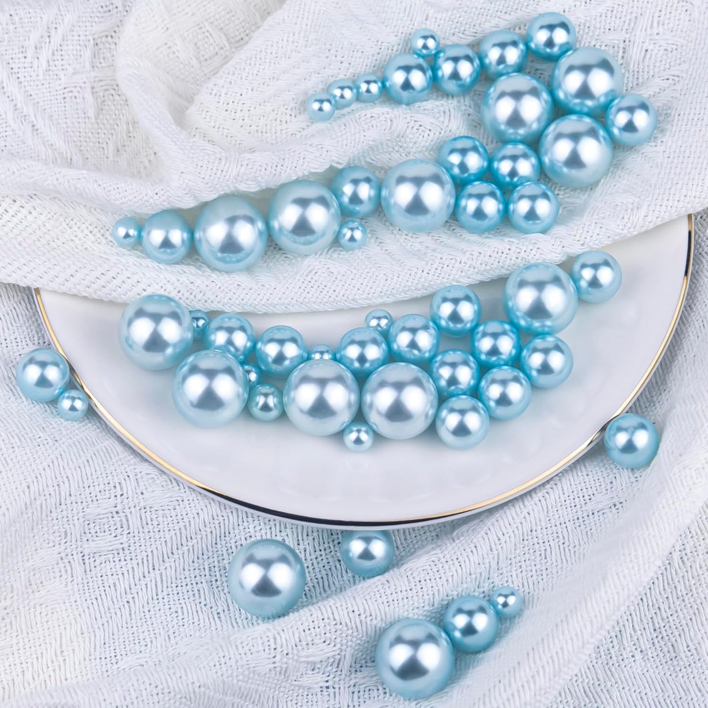 150Pcs Light Blue Polished No Hole Faux Pearl Beads for Vase Filling Decorations, Plastic Pearls Vase Fillers, Table Scatters, Wedding Centerpiece, Home Decor, 8/14/20 mm