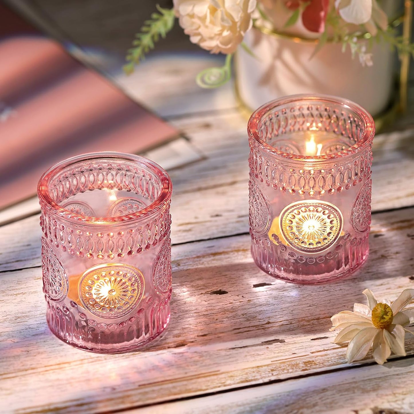 DARJEN Pink Votive Candle Holders Set of 36- Glass Candle Holders Bulk for Tea Light Candle, Embossed Candle Votives for Romantic Wedding Centerpiece, Home Table Decor