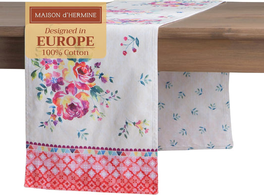 Maison d' Hermine Table Runner 100% Cotton Double Layer Table Runners 108 inches Long Decorative for Home Kitchen Dining Party Wedding Bridal Shower Spring Summer (Rose Garden, 14.50" x 108")