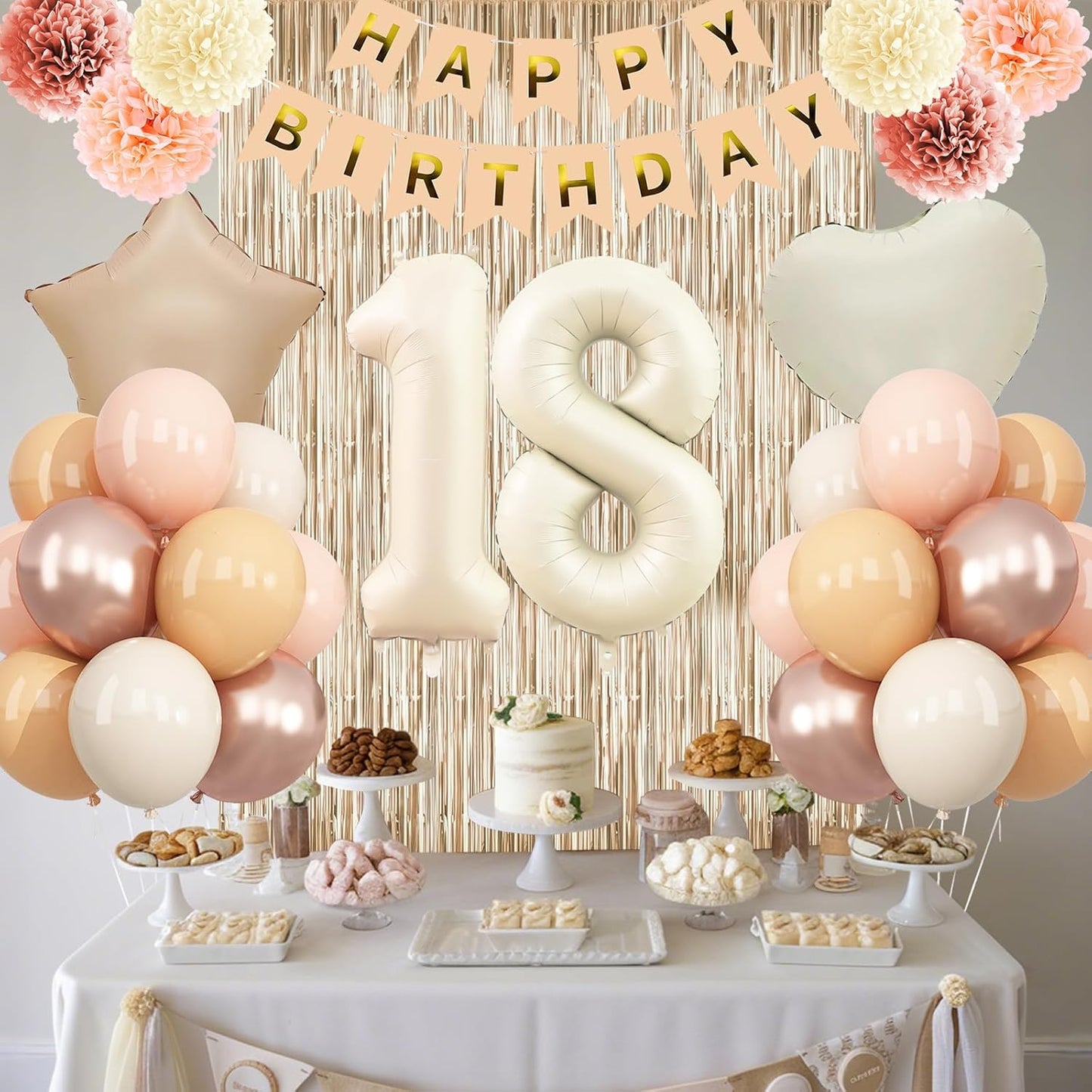 Beige 18th Birthday Decorations Girls Boys Cream Number 18 Balloon Nude Gold Happy Birthday Banner Fringe Curtain Paper Pom Poms Blush White Sand Champagne Star Foil Balloons Neutral Boho Party Decor