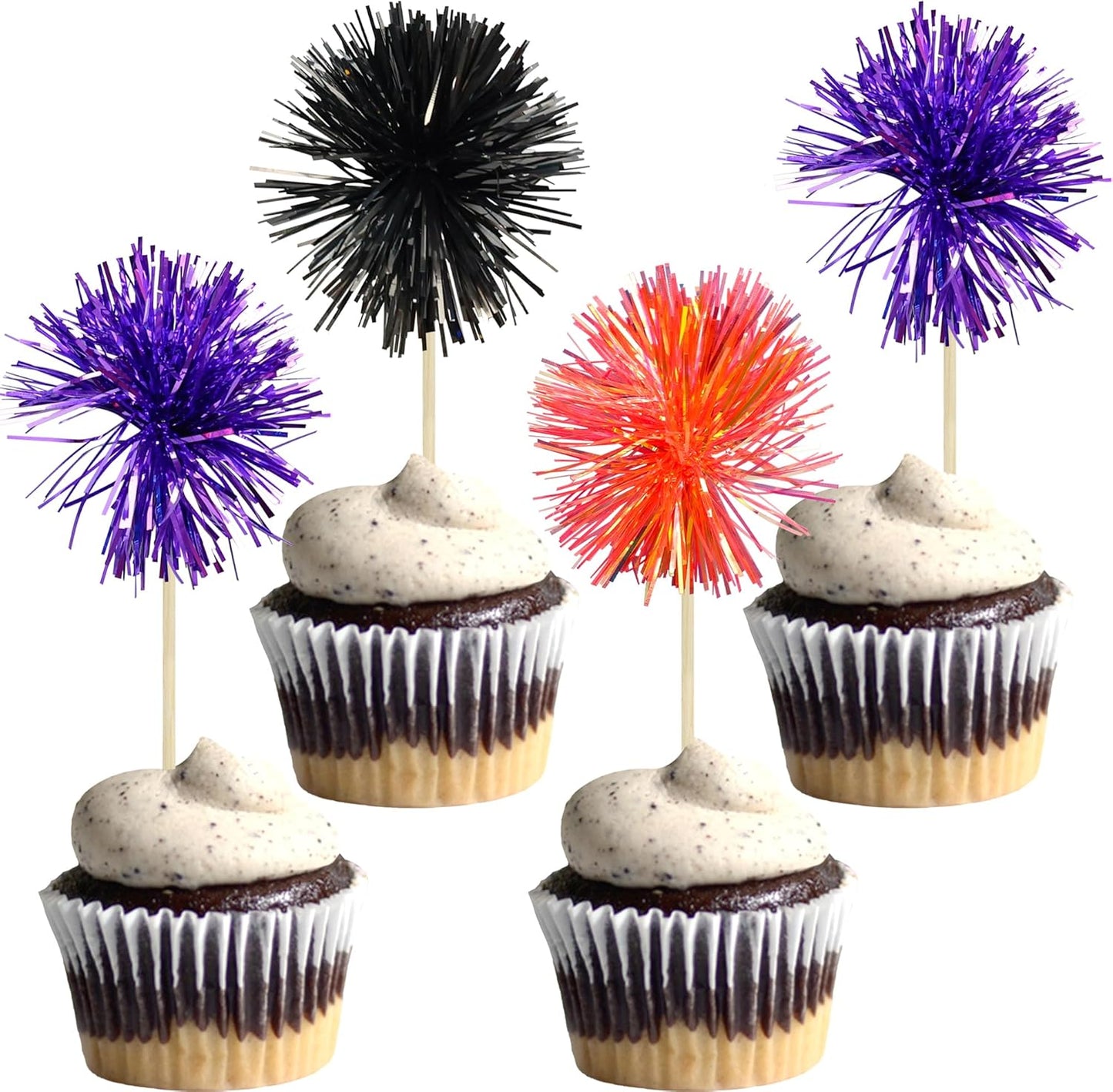 Gyufise 30Pcs Foil Firework Cupcake Toppers Sparkle Tinsel Cake Toppers Tinsel Drink Cake Decoration Cocktail Picks for Halloween Birthday Wedding Graduation Party Supplies Purple Black Orange