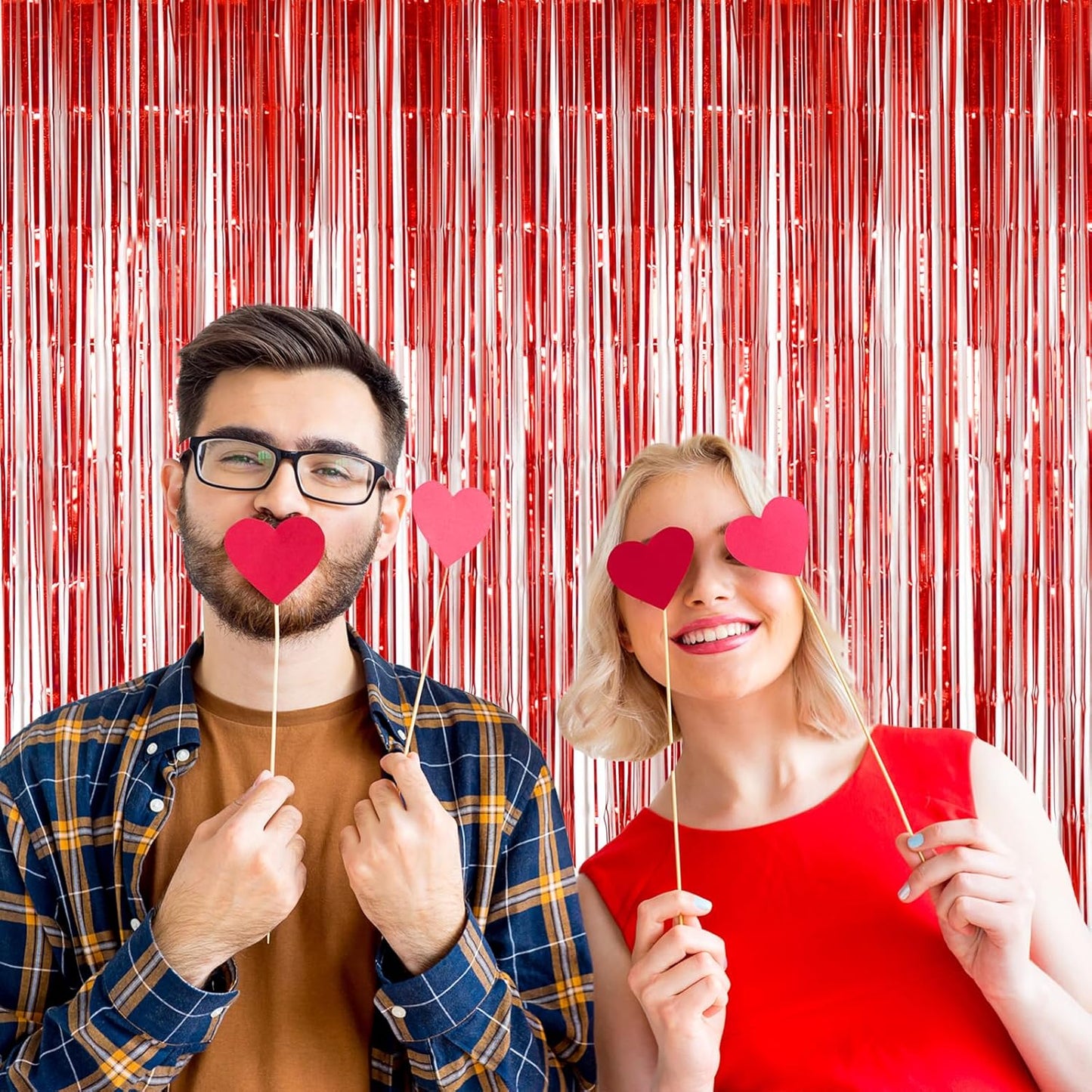 Red Foil Fringe Curtain Party Decorations, Melsan 3.2 x 8 ft Metallic Tinsel Curtains Streamer Backdrop for Christmas, Birthday, Anniversary, Valentine's Day Party Decorations, Pack of 2