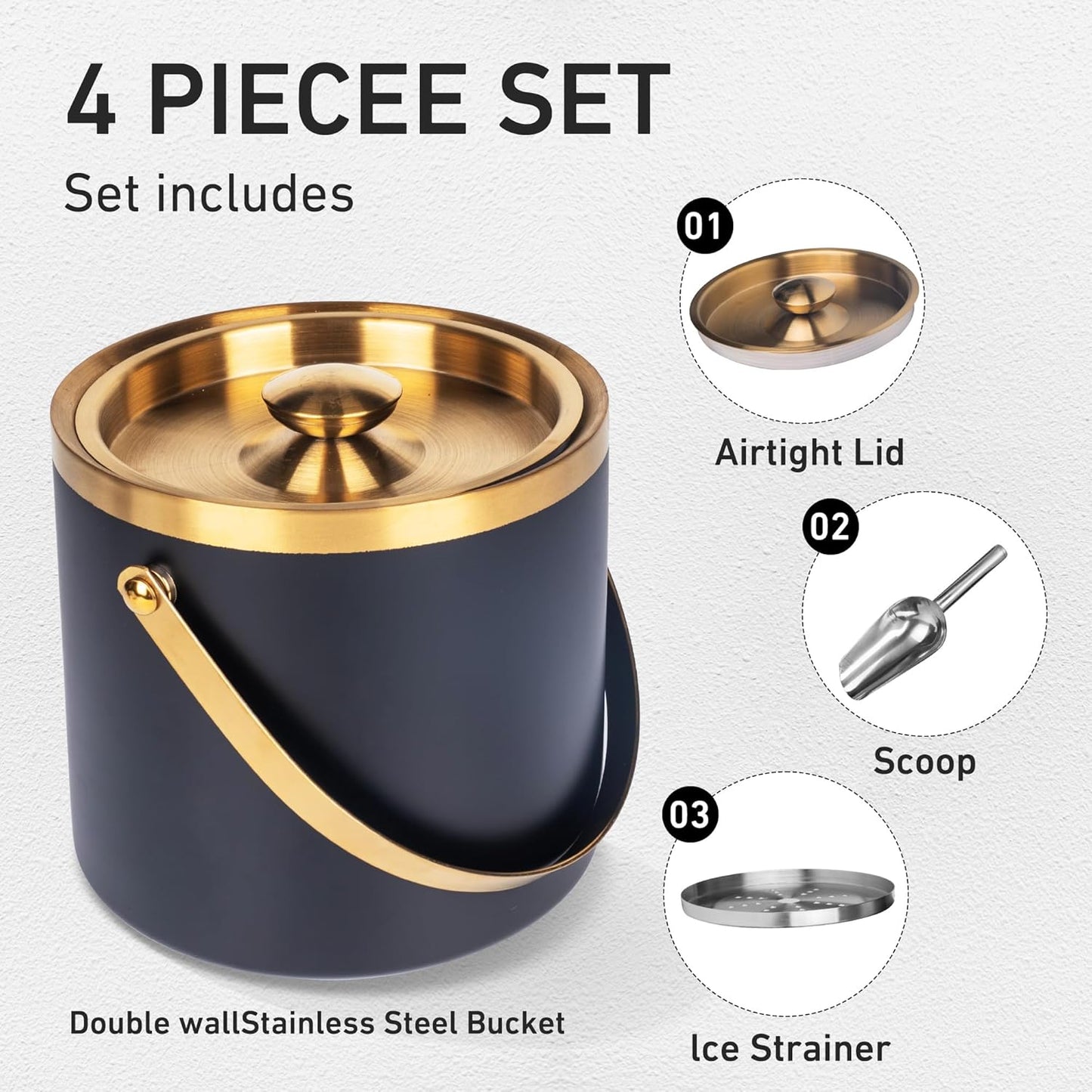 3L Double Wall Insulated Stainless Steel Ice Bucket with scoop for Cocktail Bar,Metal Ice Bucket for freezer with Lid for parties.ice Container to Keep Ice Colder,bar cart accessories(black)