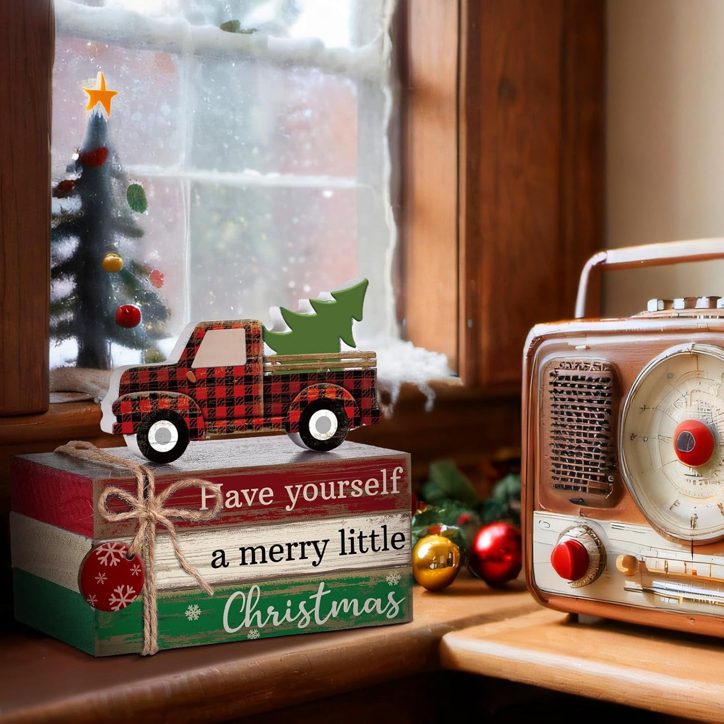 4 Pcs Christmas Table Decor Winter Table Decorations Christmas Tiered Tray Decor Decorative Truck Book Decorations Indoor Rustic Wooden Snowflake Block Sign Gift Farmhouse for Home Shelf