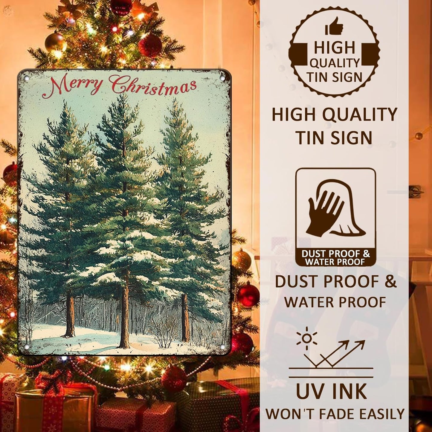 Vintage Christmas Decor Sign Christmas Tree Metal Tin Sign Merry Christmas Retro Tin Sign for Holiday Wall Decor Outdoor Cafe Living Room Bedroom 12x16Inch