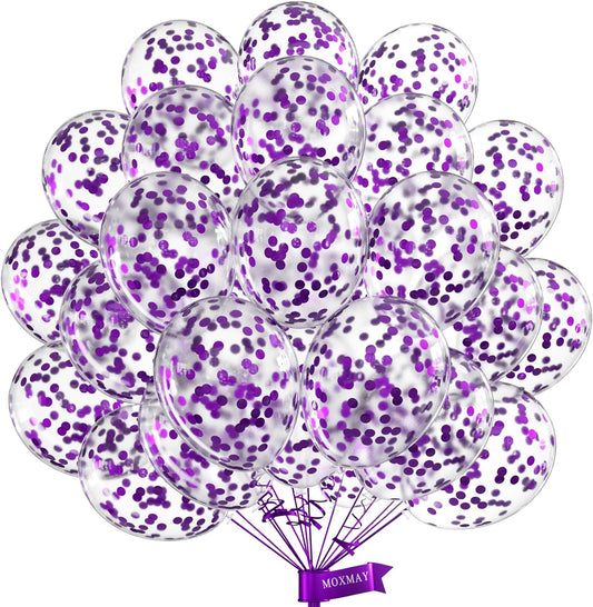Purple Confetti Balloons, 12inch, 50 Pcs, Latex, Perfect for Birthdays, Unisex-Adults & Kids