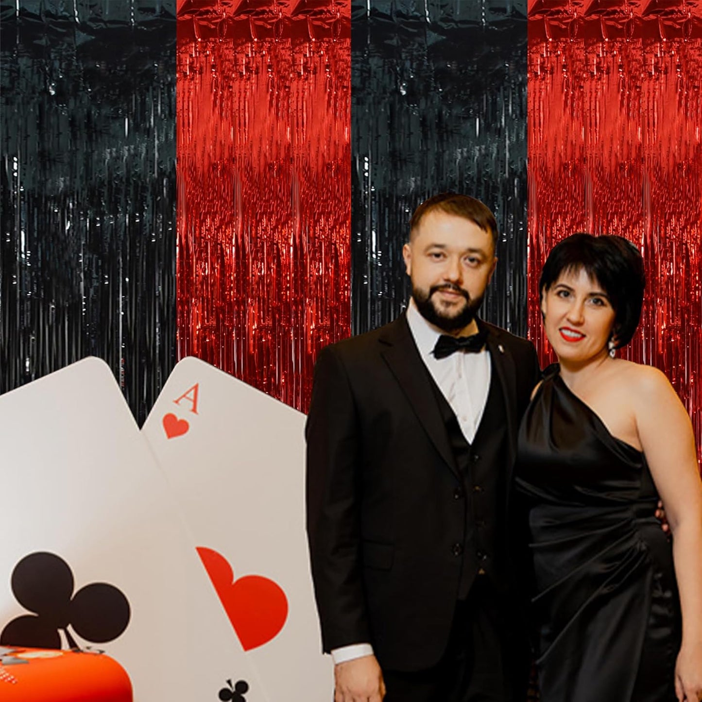 BEISHIDA 2Pcs Red Black Door Streamer Casino Backdrop Foil Fringe Tinsel Casino Horry Party Curtains Backdrops for Casino Party Horry Party Hallowen Decoration (3.28 ft x 6.56 ft)