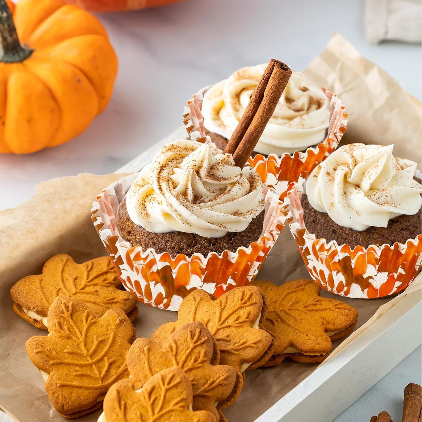 Whaline 300Pcs Fall Cupcake Liners Orange Maple Leaves Paper Baking Cups Thanksgiving Watercolor Leaves Paper Cake Muffin Liner Cupcake Wrappers for Autumn Harvest Party Supplies, 2x1.2 Inch