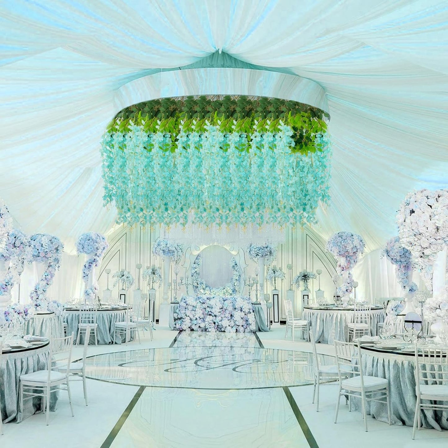 12 Pack Teal Wisteria Hanging Flowers, 3.44 Ft Fake Hanging Flowers, Artificial Wisteria Garland Vines for Wedding Room Backdrop Outdoor Patio Garden Decoration