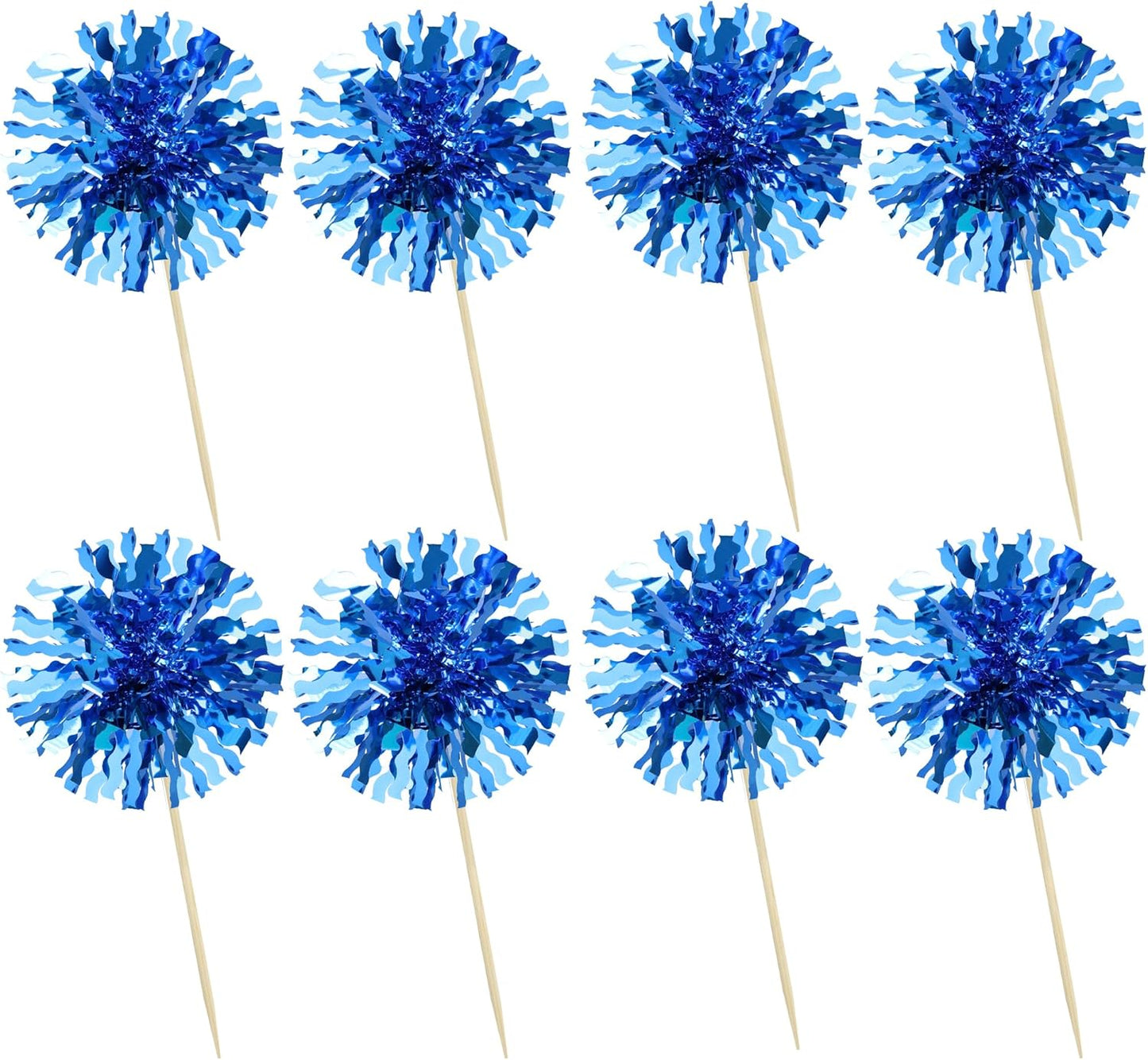 Ephlyn 30Pcs Foil Firework Cupcake Toppers Blue Tinsel Flower Drink Stirrers Cocktail Food Fruit Cake Toppers for Valentine's Day Party Decorations Blue