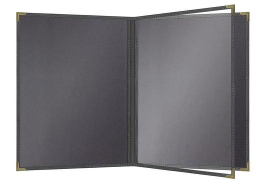 Goodsmart Pajco Style Restaurant Menu Covers – Pack of 10, Side-Loading Booklet Menu Holders, Single Stitched Edge, Clear Vinyl Menu Sleeves, Leatherette Trim, Gold Corners, Black, 4 View (8.5" x 11")