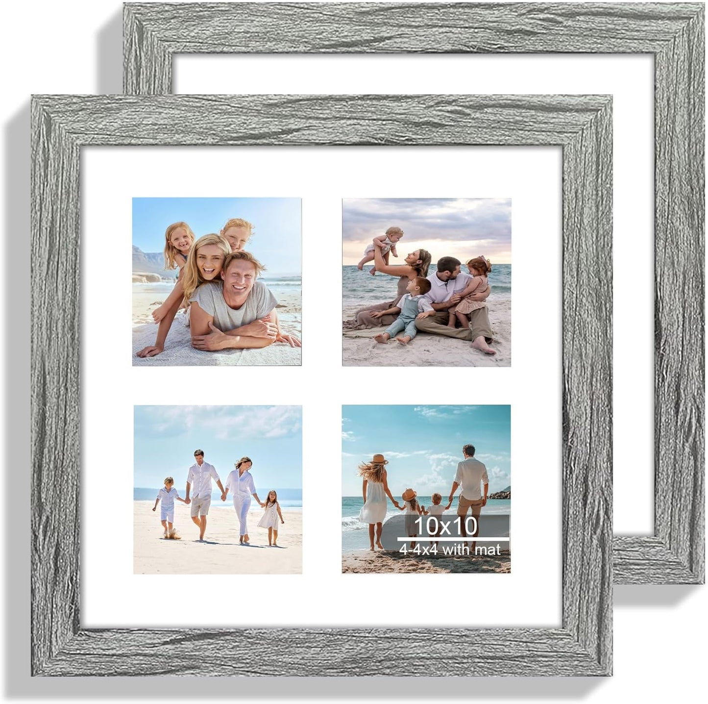 10x10 Picture Frame Set of 2, Real Glass and Grey Collage Frame, Display Pictures Four Opening 4x4 With Mat or 10 x 10 Without Mat for Wall Hanging or Tabletop