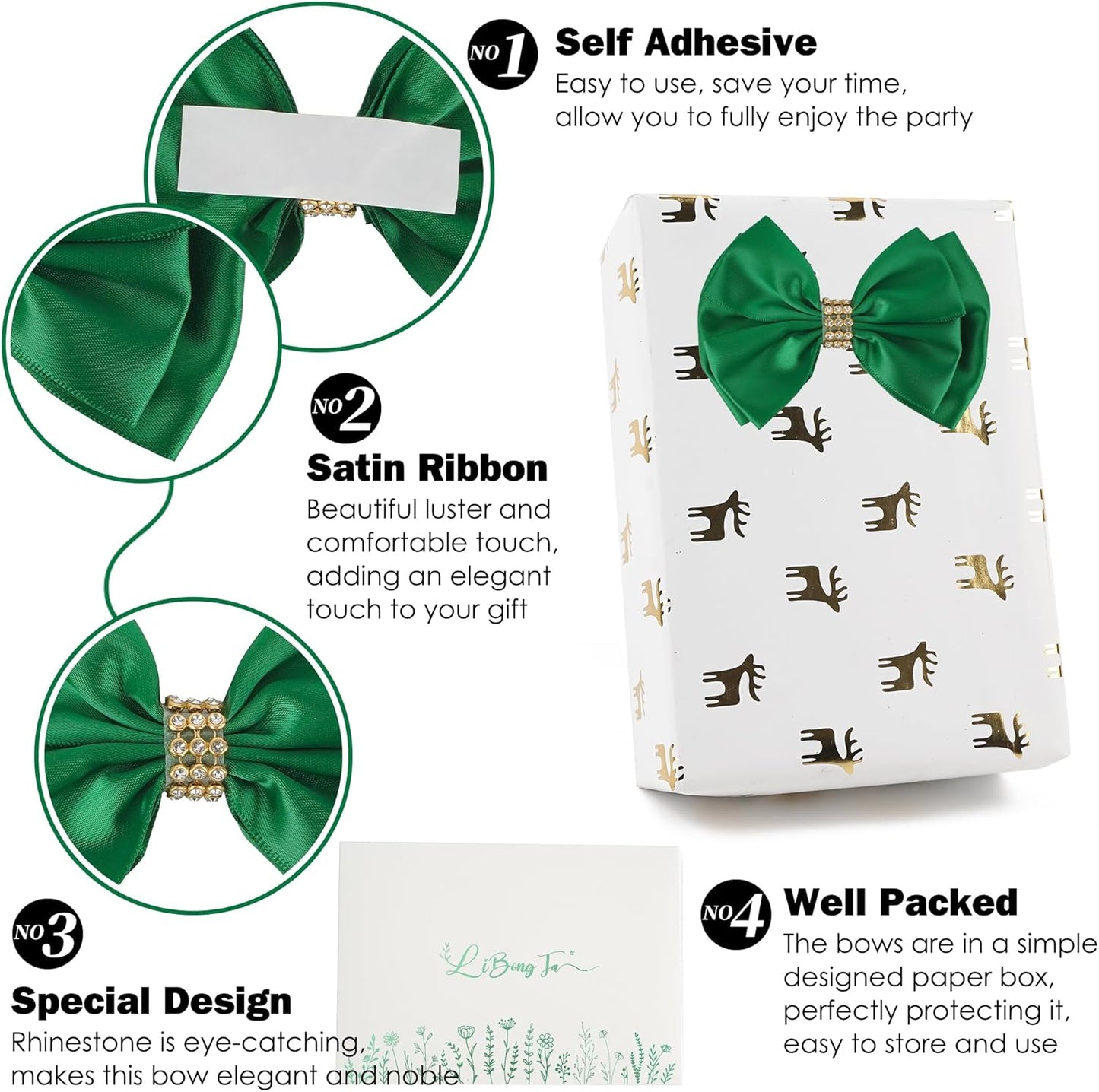 Hunter Green Ribbon Bows 4'' Premade Satin Bow, Gift Bows with Rhinestone, Wrapping Bows for Presents, Greeting Cards, Treat Bags, Wine Bottles, Valentines Bows for Gift Wrapping-12 Counts