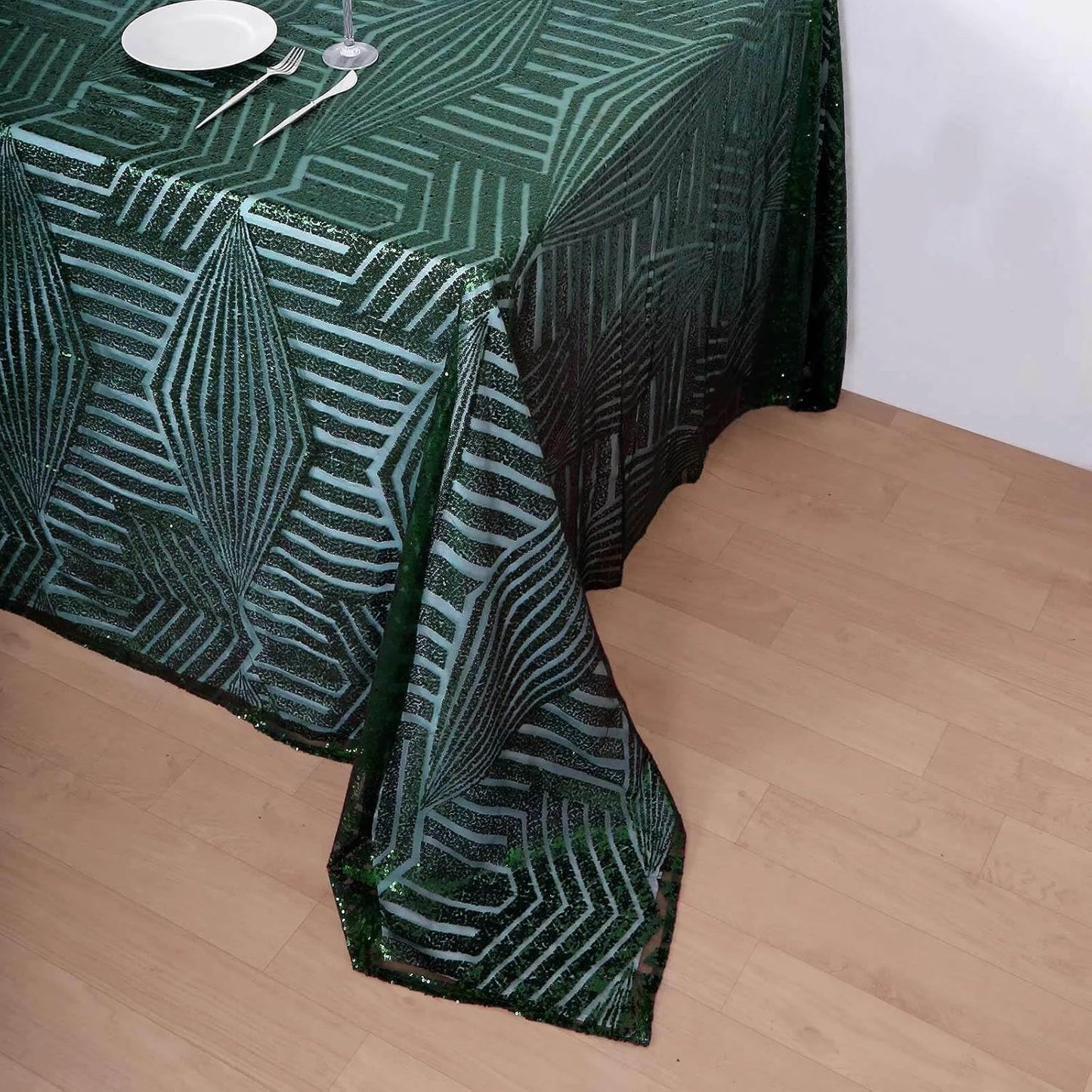 Efavormart 90"X132" Hunter Emerald Green Sparkly Sequin Geometric Tulle Rectangular Tablecloth