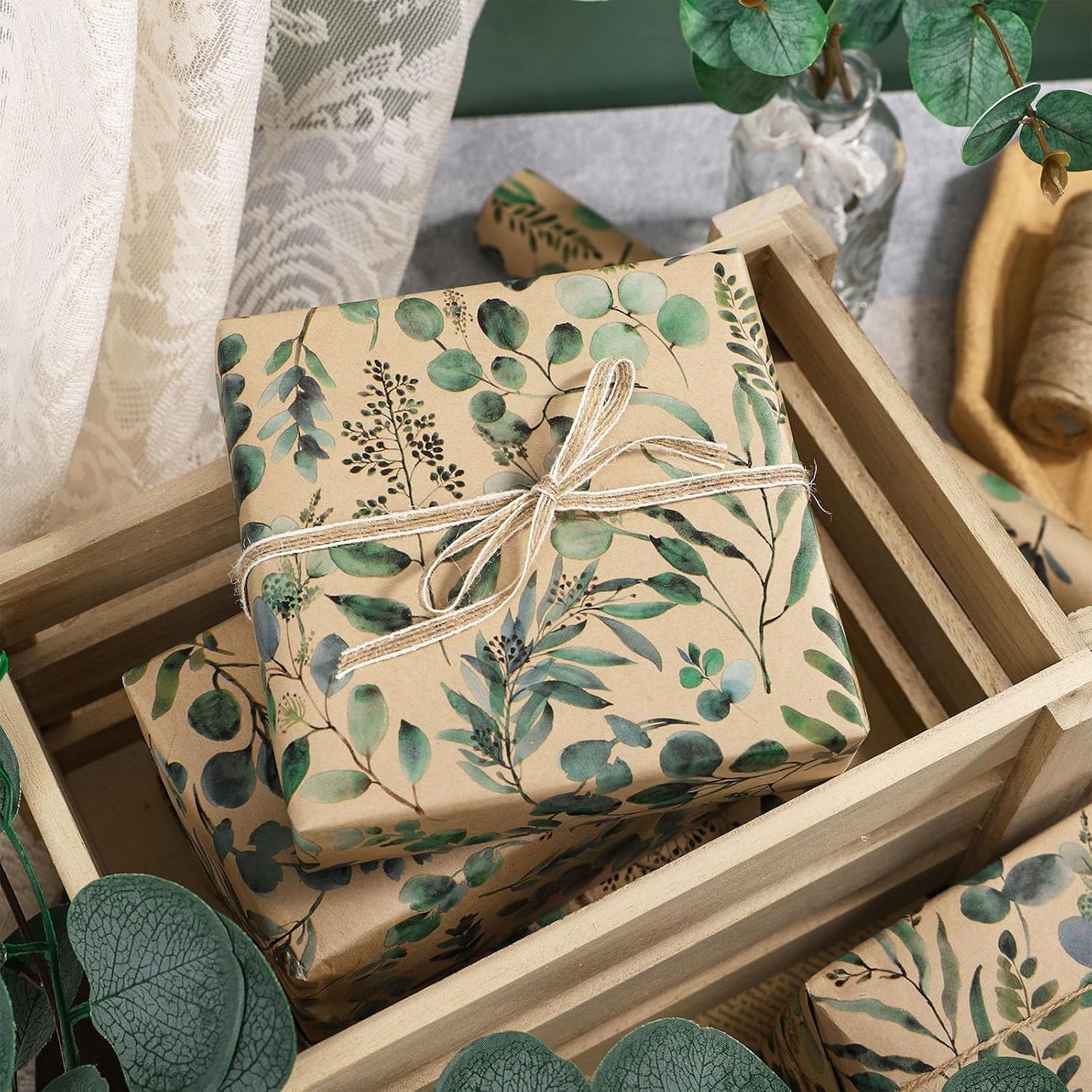 RUSPEPA Wedding Wrapping Paper, 17 in x 16.4 ft, Mini Roll, Eucalyptus Leaf Gift Wrap Paper, Green Flower Kraft Wrapping Paper for Women, Spring, Summer and Birthday