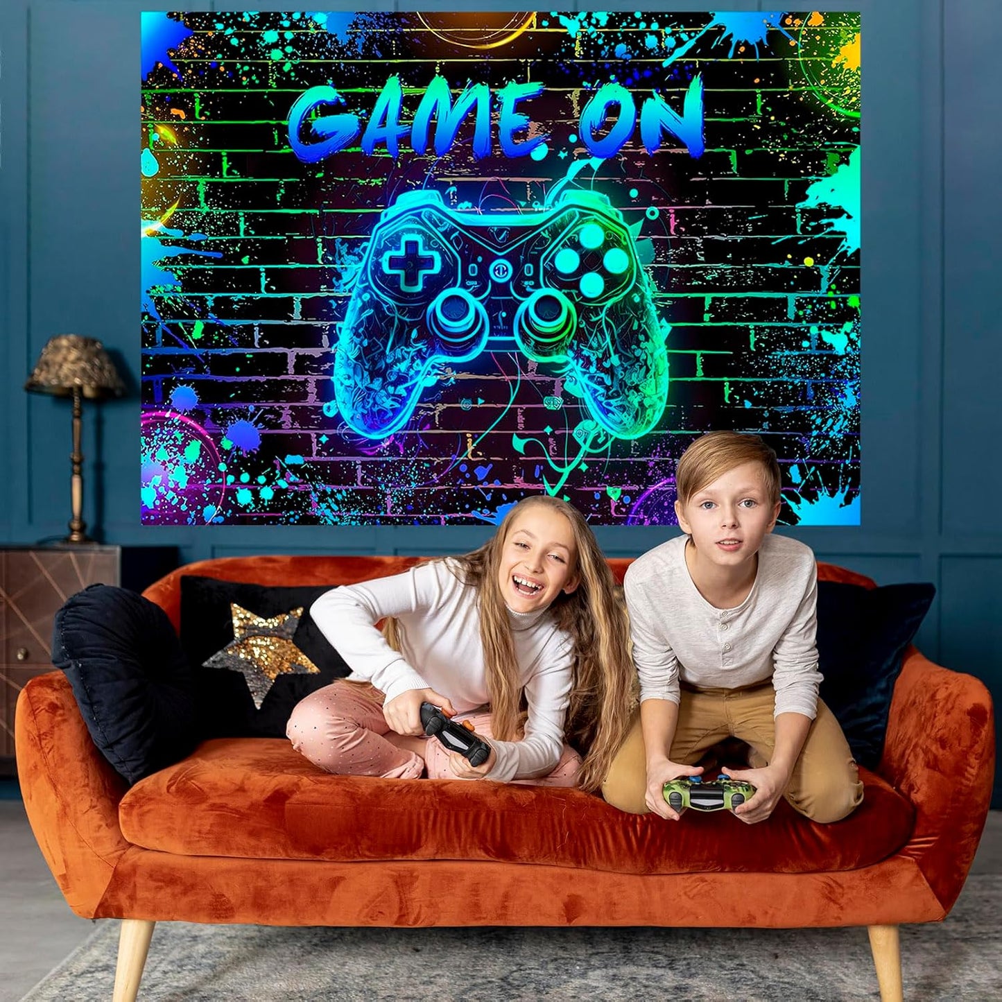 Mocsicka Game On Backdrop Video Game for Boys Level Up Birthday Party Decoration Game Night Arcade Neon Glow Gamer Banner Photography Background (Blue, 10x8ft(120"x96"))
