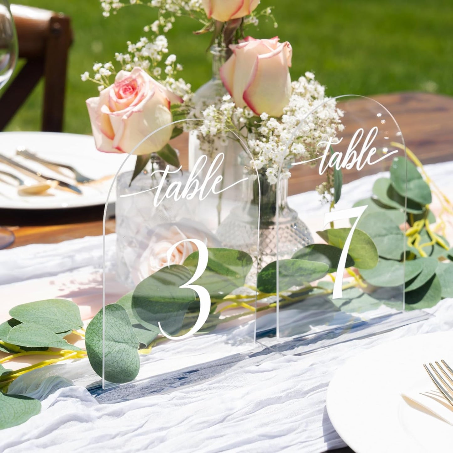 Clear Arch Acrylic Table Numbers for Wedding Reception - 5" x 7" White Font Centerpiece Set with Holder Stands & Head Table Sign - Anniversary, Event, Party, Wedding set 1-20
